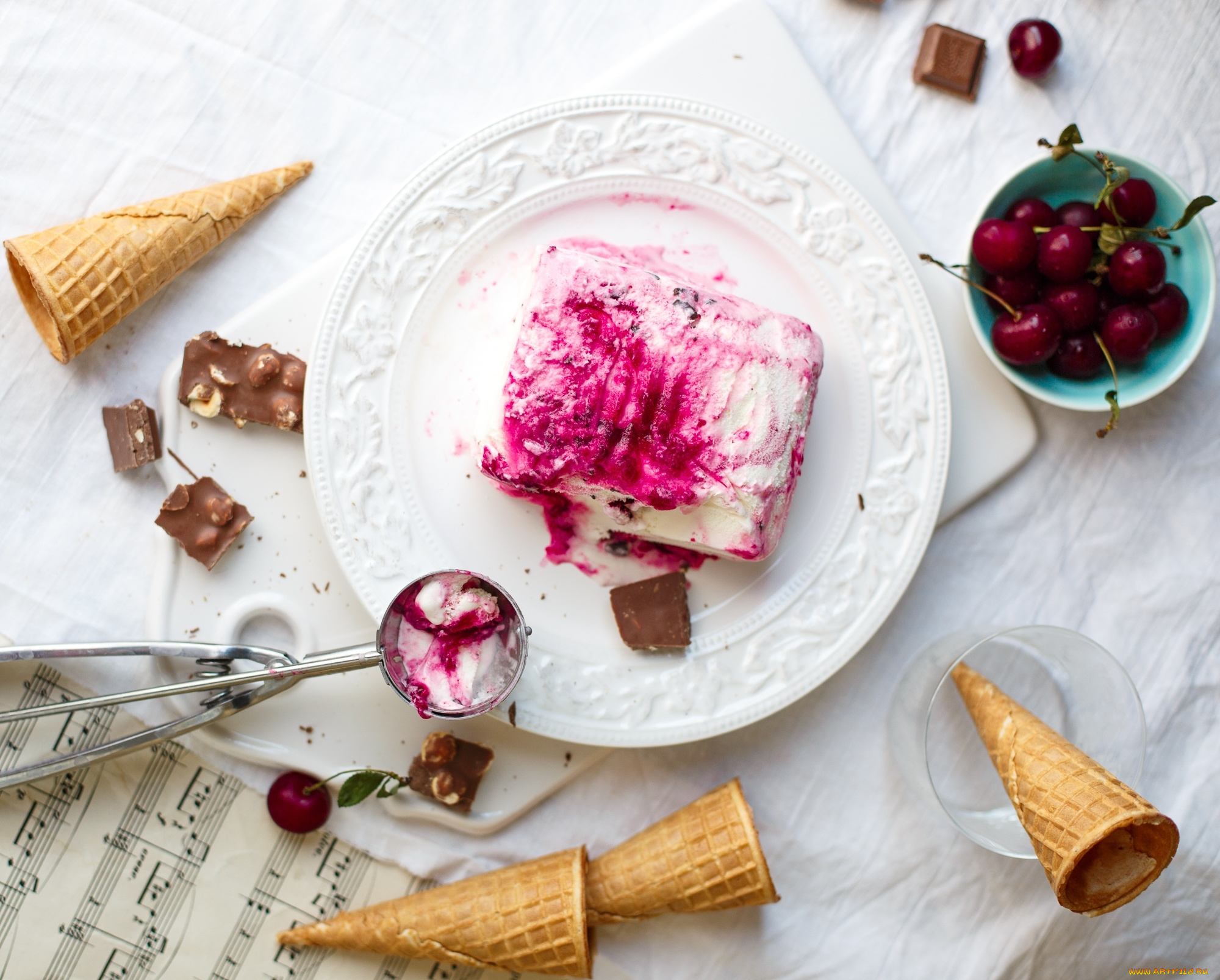 еда, мороженое, десерты, шоколад, стаканчики, вишни