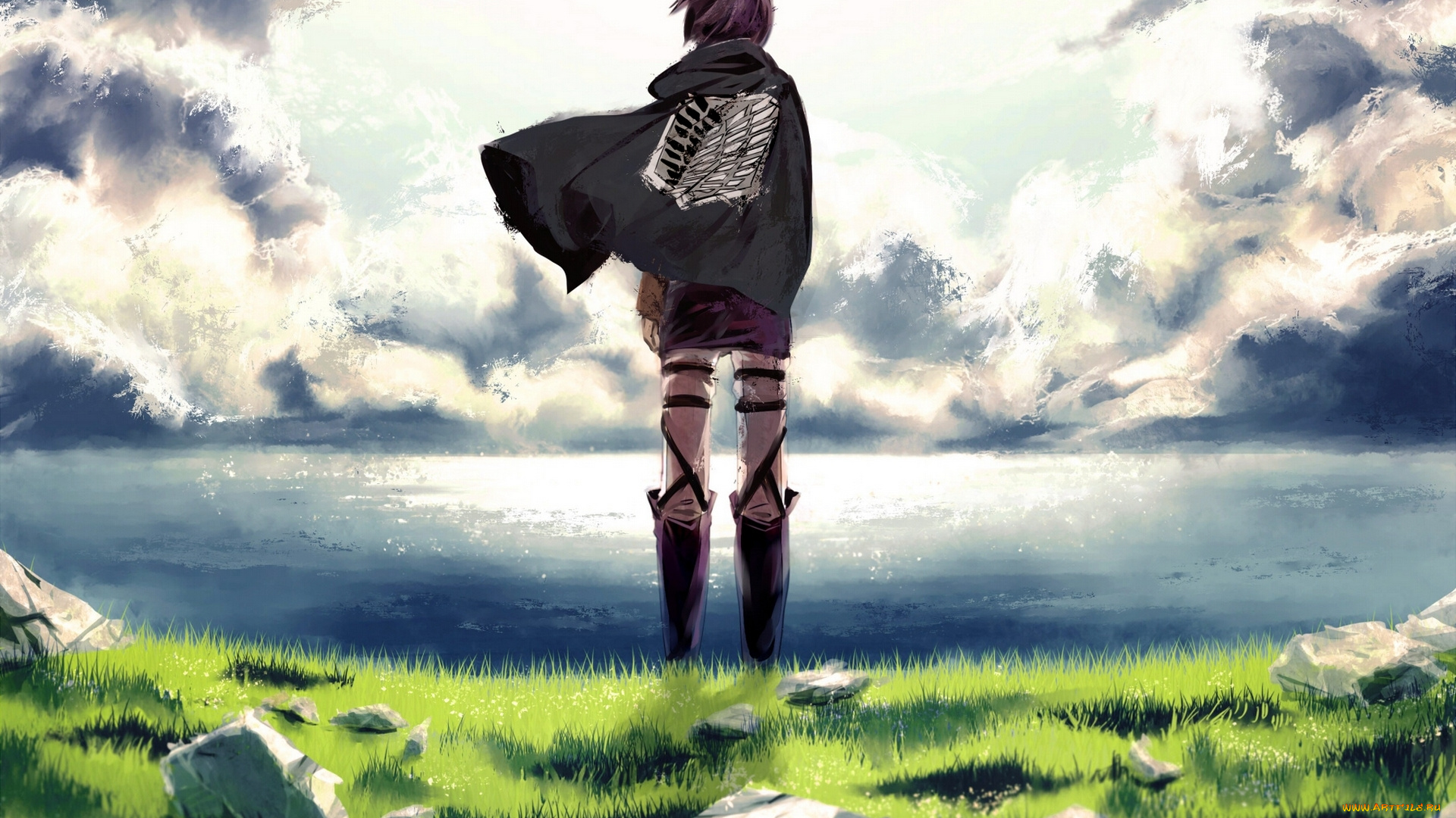 аниме, shingeki, no, kyojin, арт, meola, вторжение, гигантов, shingeki, no, kyojin, eren, jaeger, парень, плащ, небо, облака