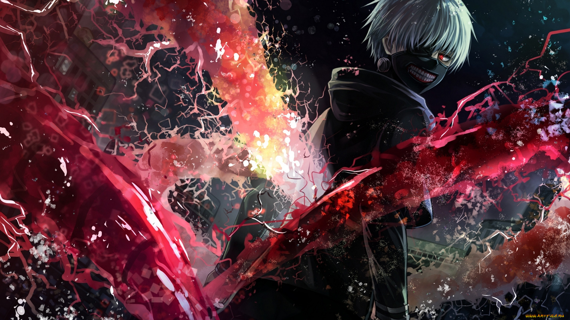 аниме, tokyo, ghoul, арт, angel31424, tokyo, ghoul, kaneki, ken, парень, маска, магия, дома, зубы