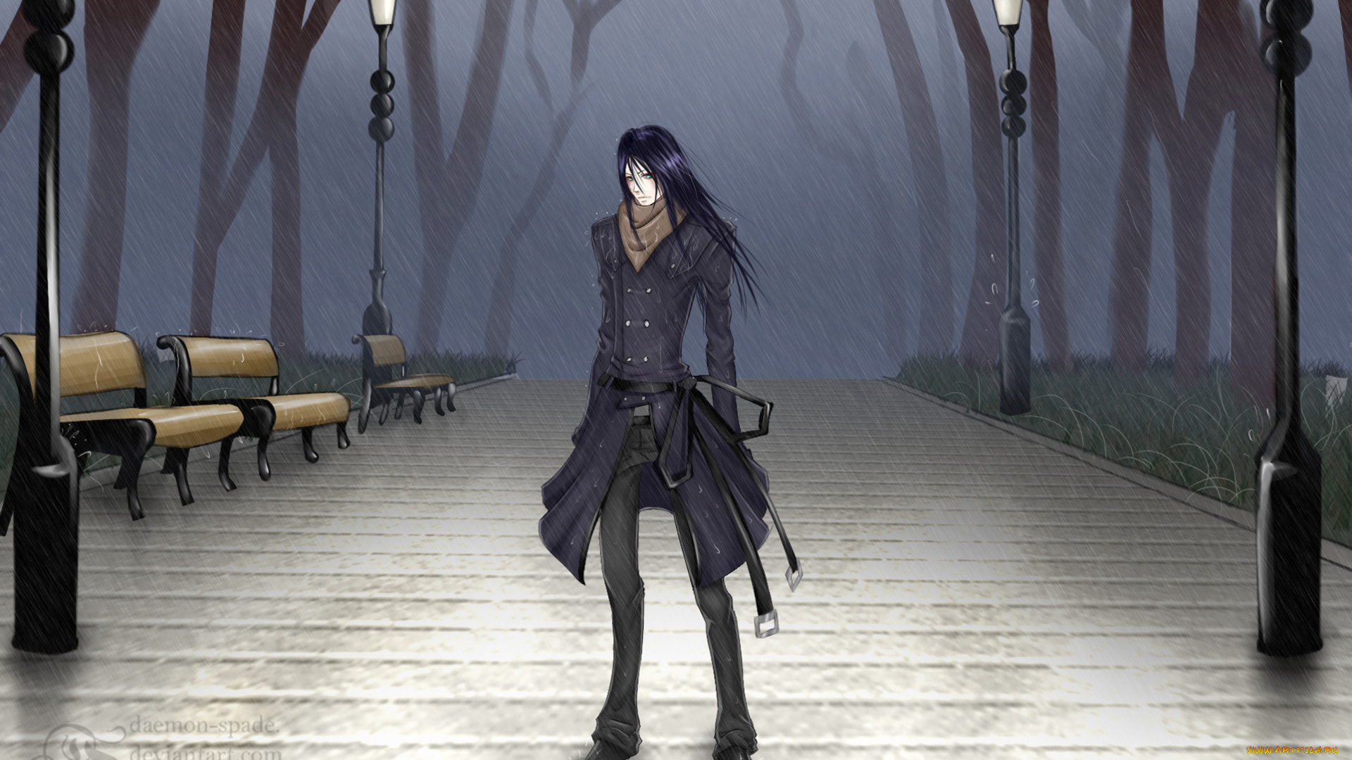 аниме, *unknown, , другое, парень, дождь, парк, лавки, фонари