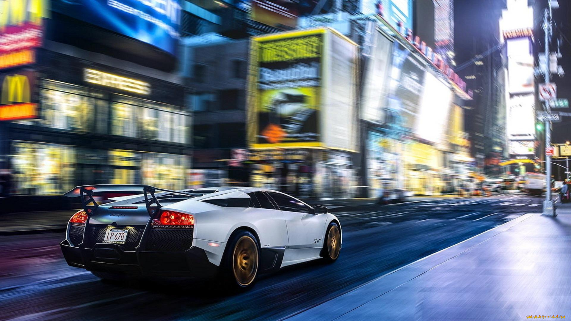 автомобили, lamborghini, белый, скорость, огни, город, дома, здания, реклама