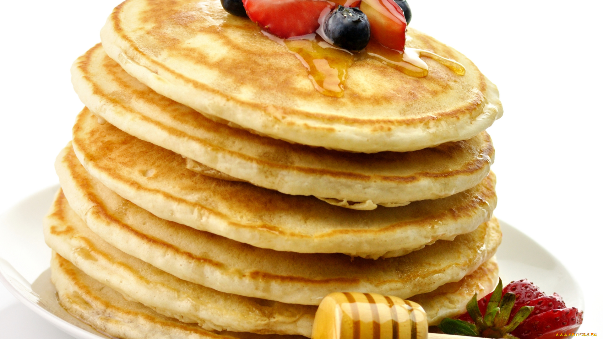 еда, блины, , оладьи, мед, ягоды
