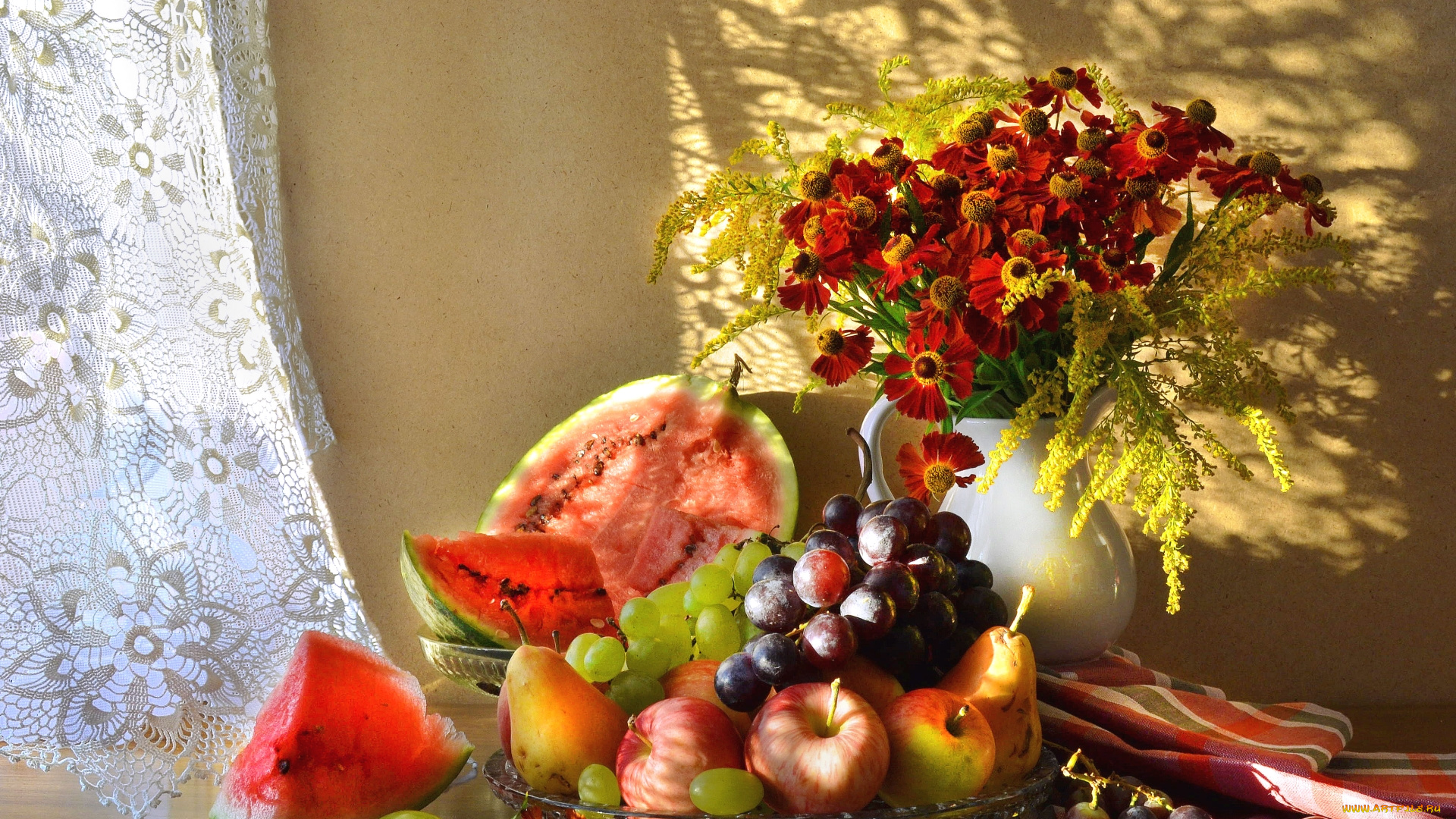 еда, натюрморт, груши, яблоки, виноград, арбуз, гайлардия