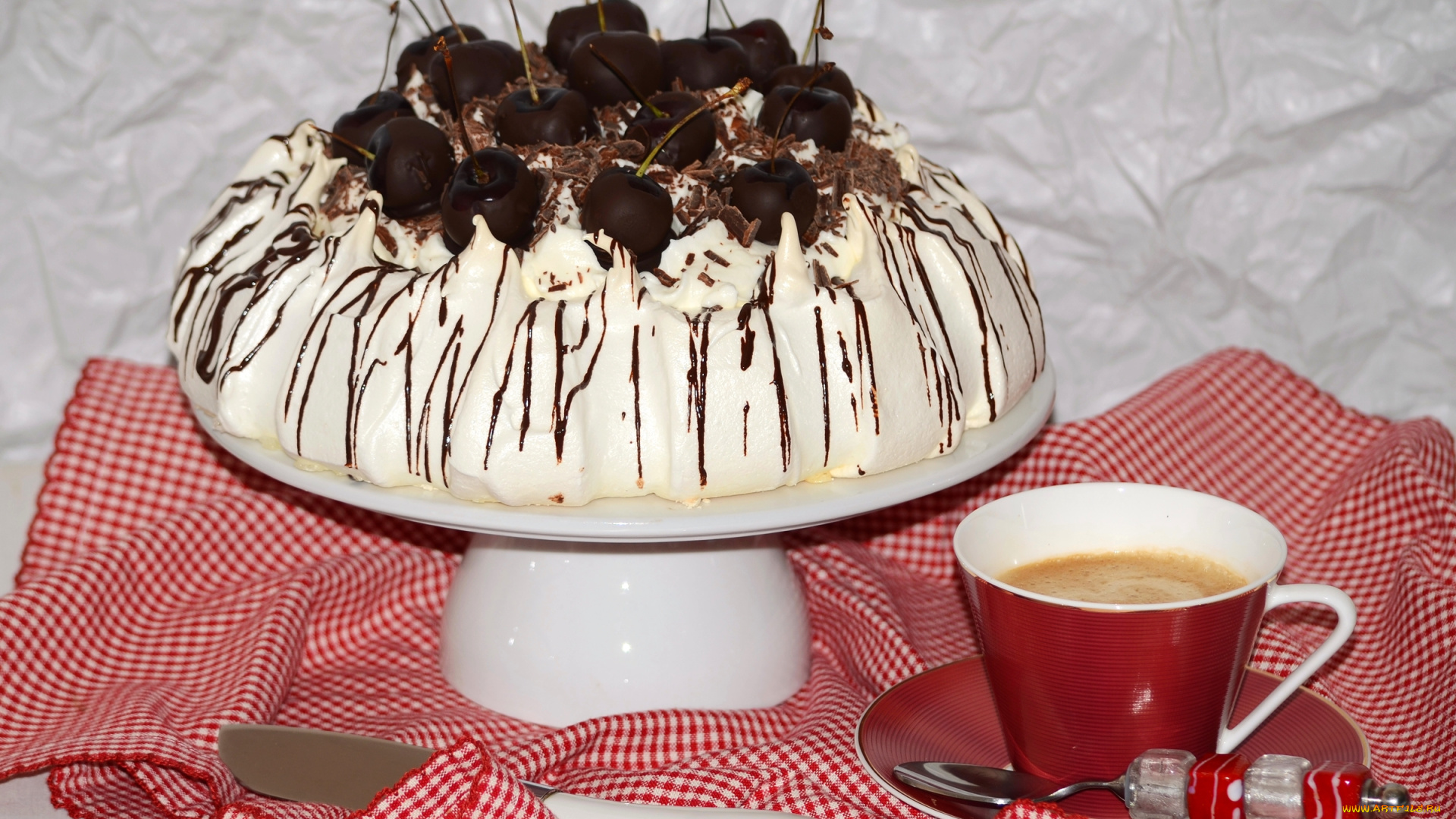 еда, торты, безе, вишня, кофе