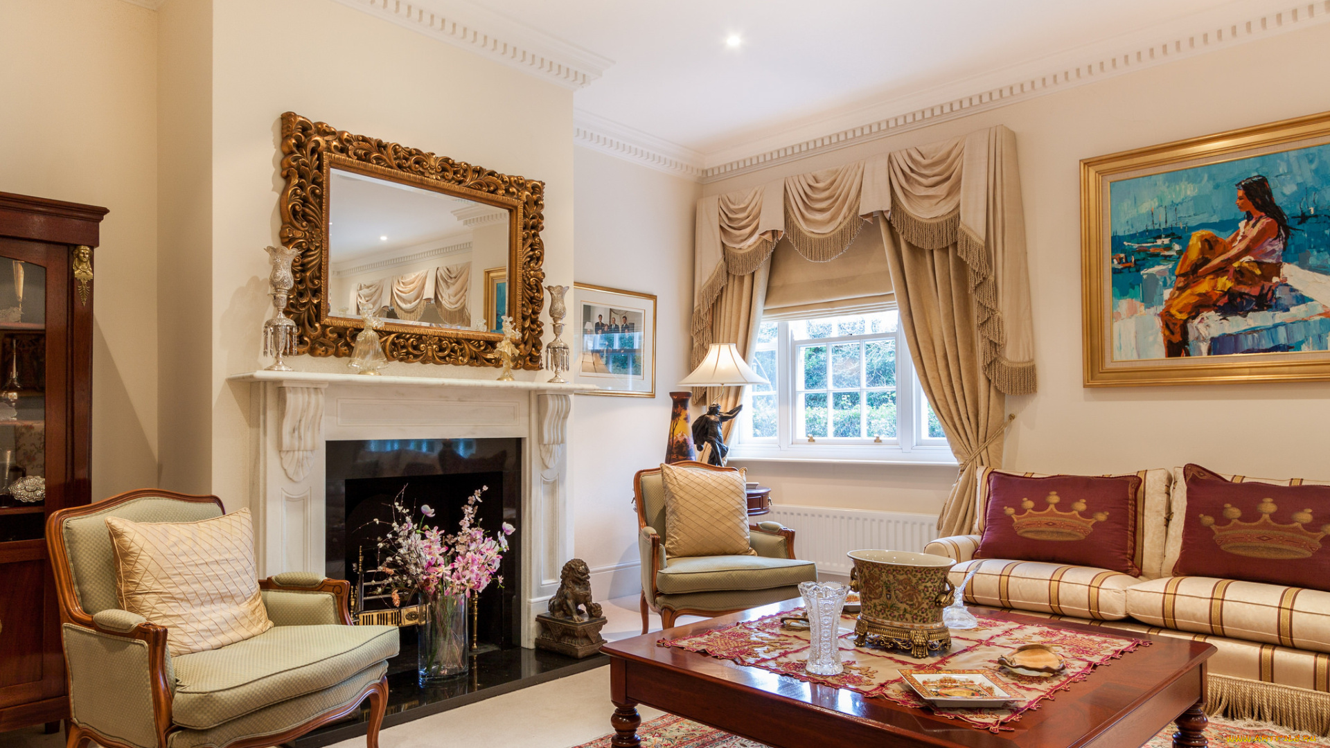 интерьер, гостиная, картины, камин