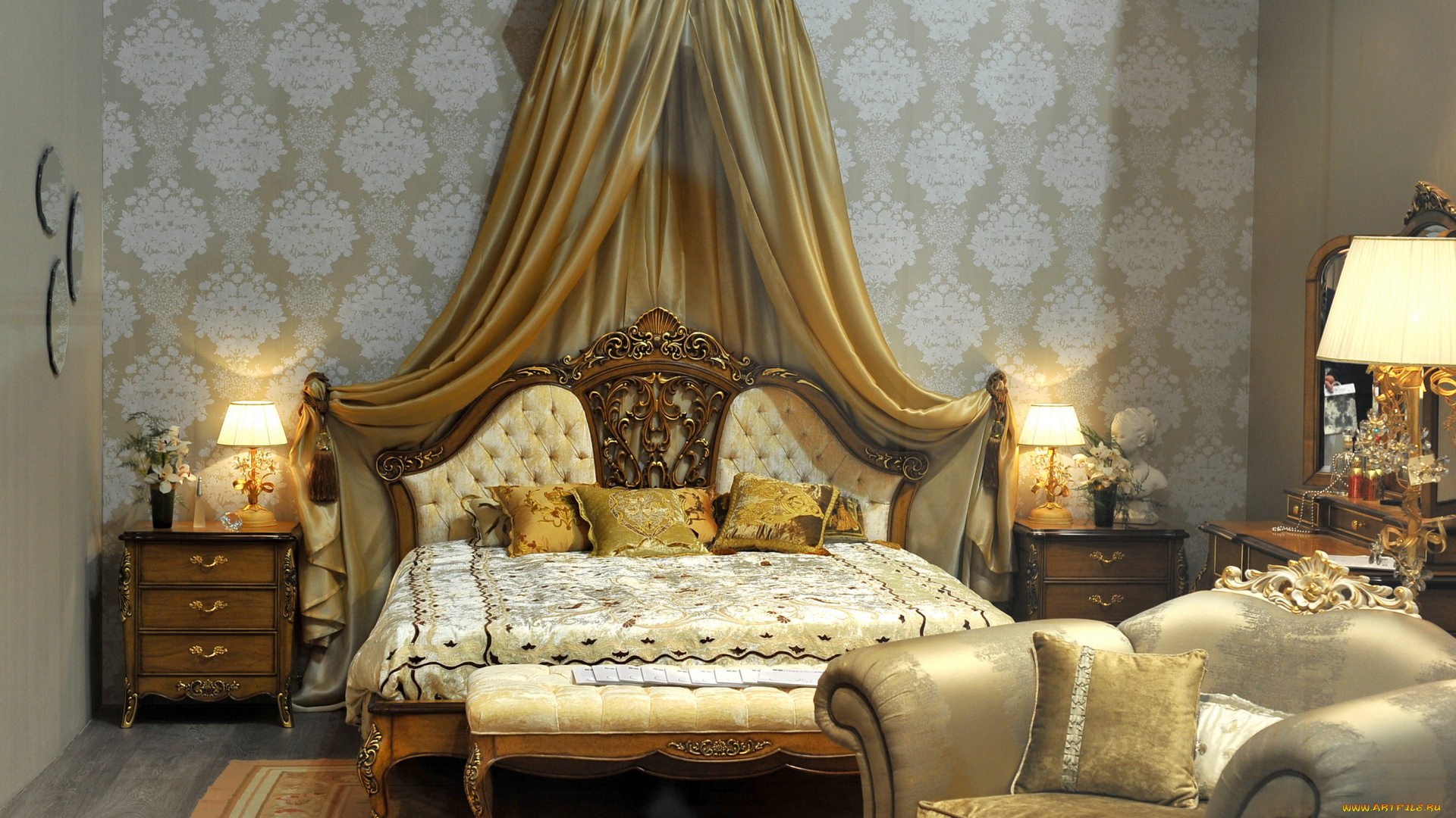 интерьер, спальня, лампа, постель, кровать