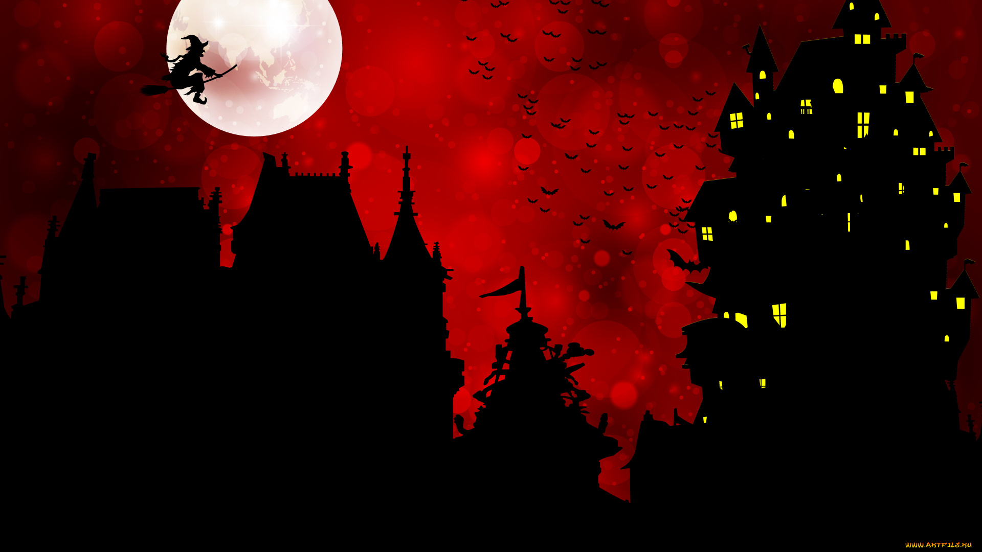 праздничные, хэллоуин, луна, птицы, баба-яга, замок