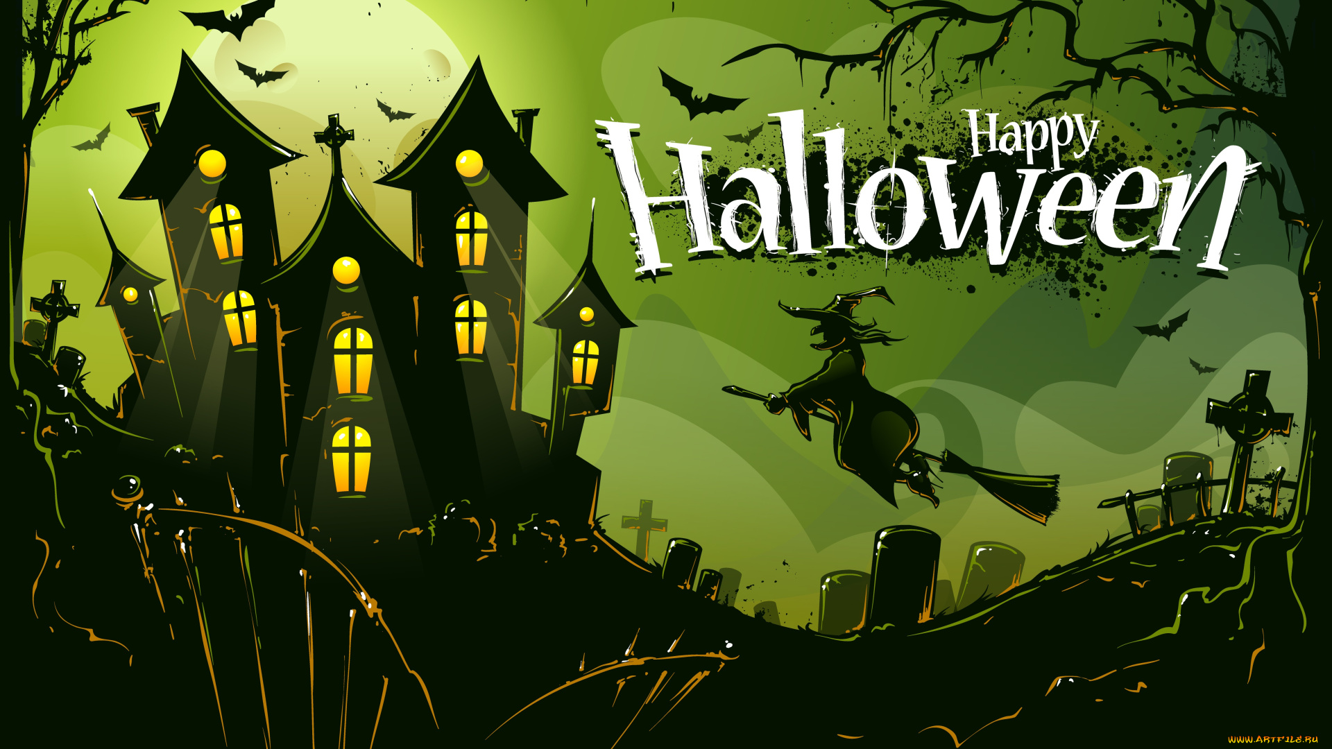 праздничные, хэллоуин, замок, кладбище, деревья, птицы, баба-яга