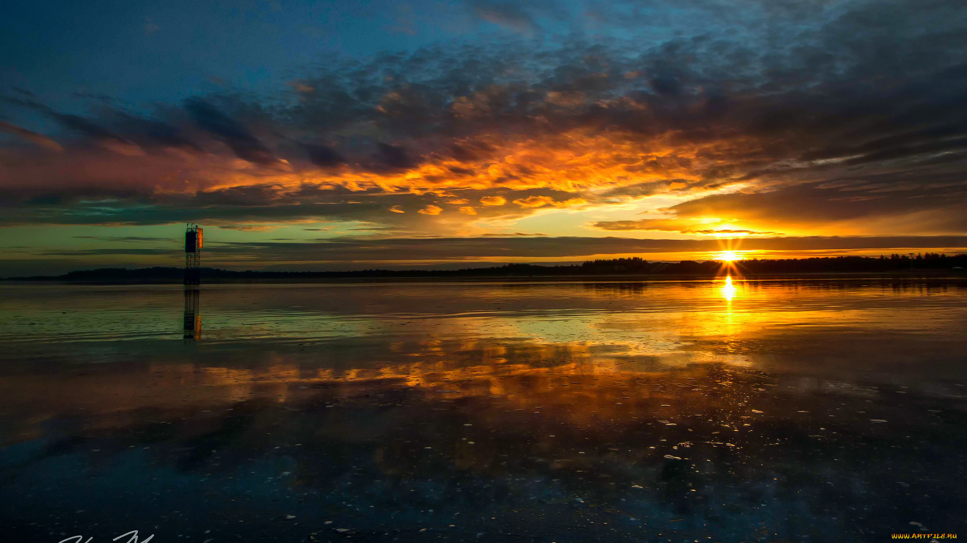 природа, восходы, закаты, сша, штат, орегон, залив, тихий, океан, река, coos, вечер, перед, закатом, солнце, последние, лучи, отражения, небо, вода, облака