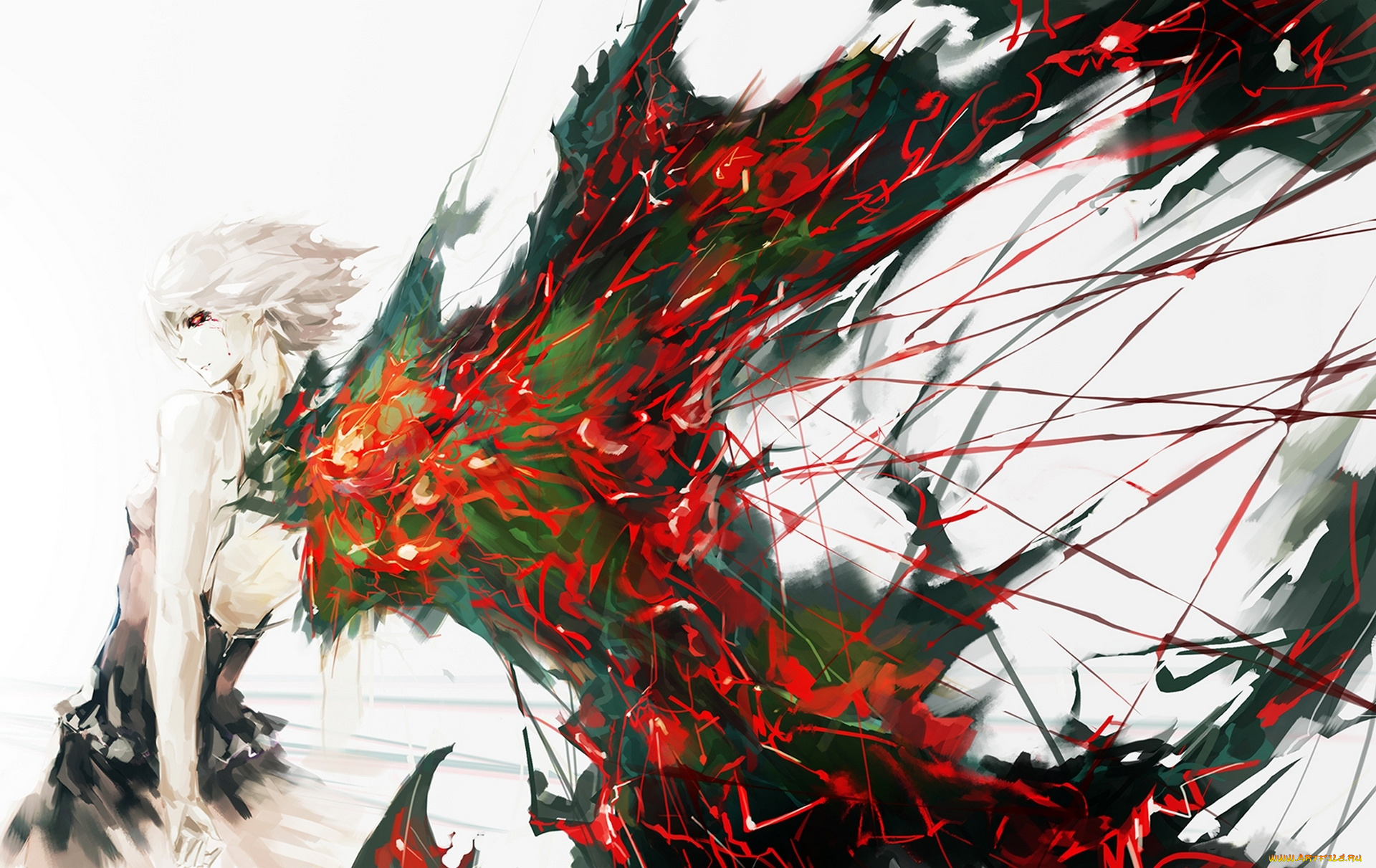 аниме, tokyo, ghoul, арт, vibiss, tokyo, ghoul, kirishima, touka, девушка, крылья, кровь, нити