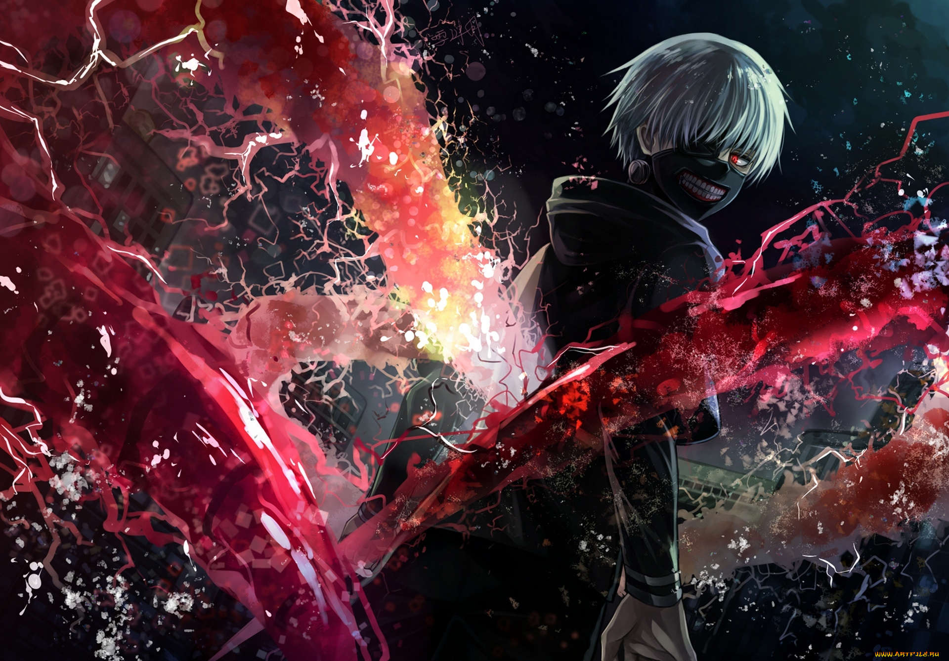 аниме, tokyo, ghoul, арт, angel31424, tokyo, ghoul, kaneki, ken, парень, маска, магия, дома, зубы