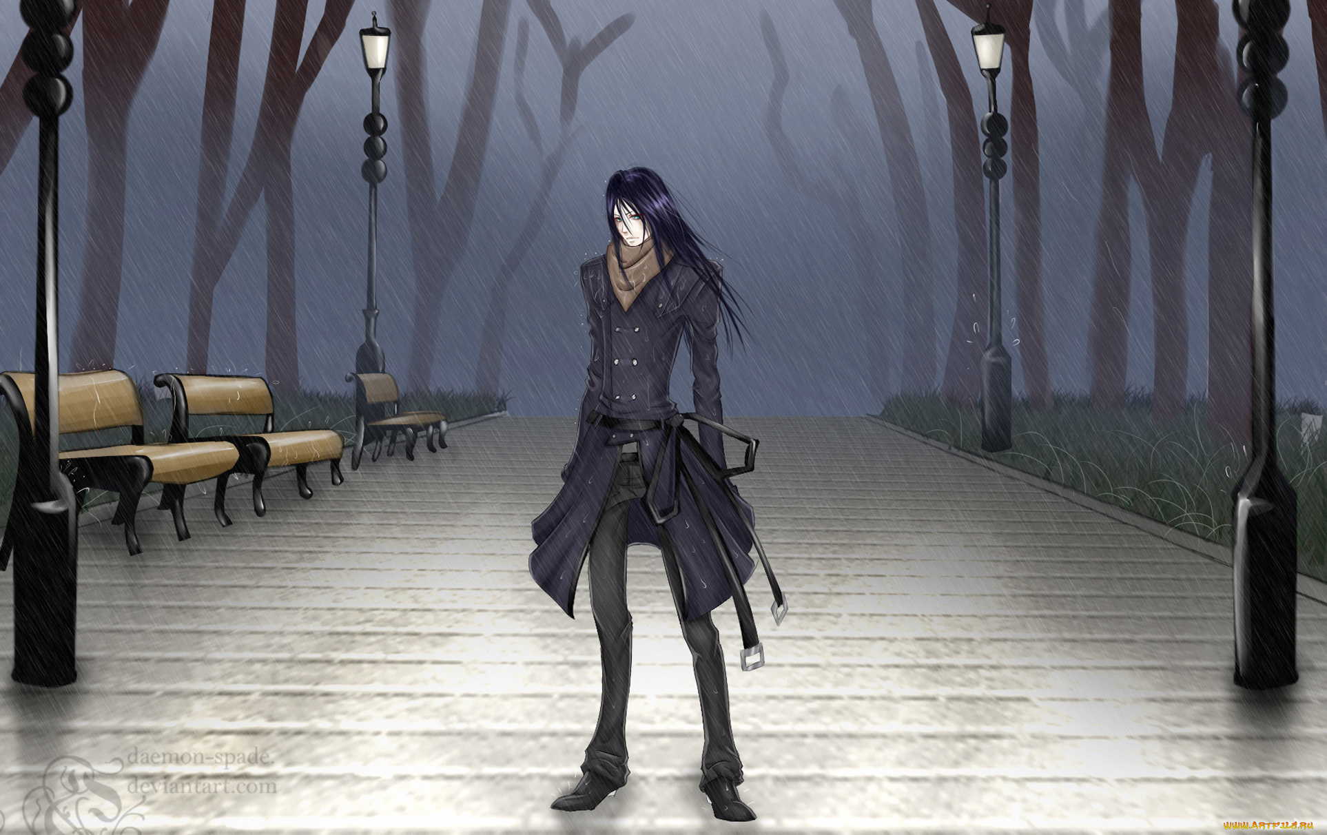 аниме, *unknown, , другое, парень, дождь, парк, лавки, фонари