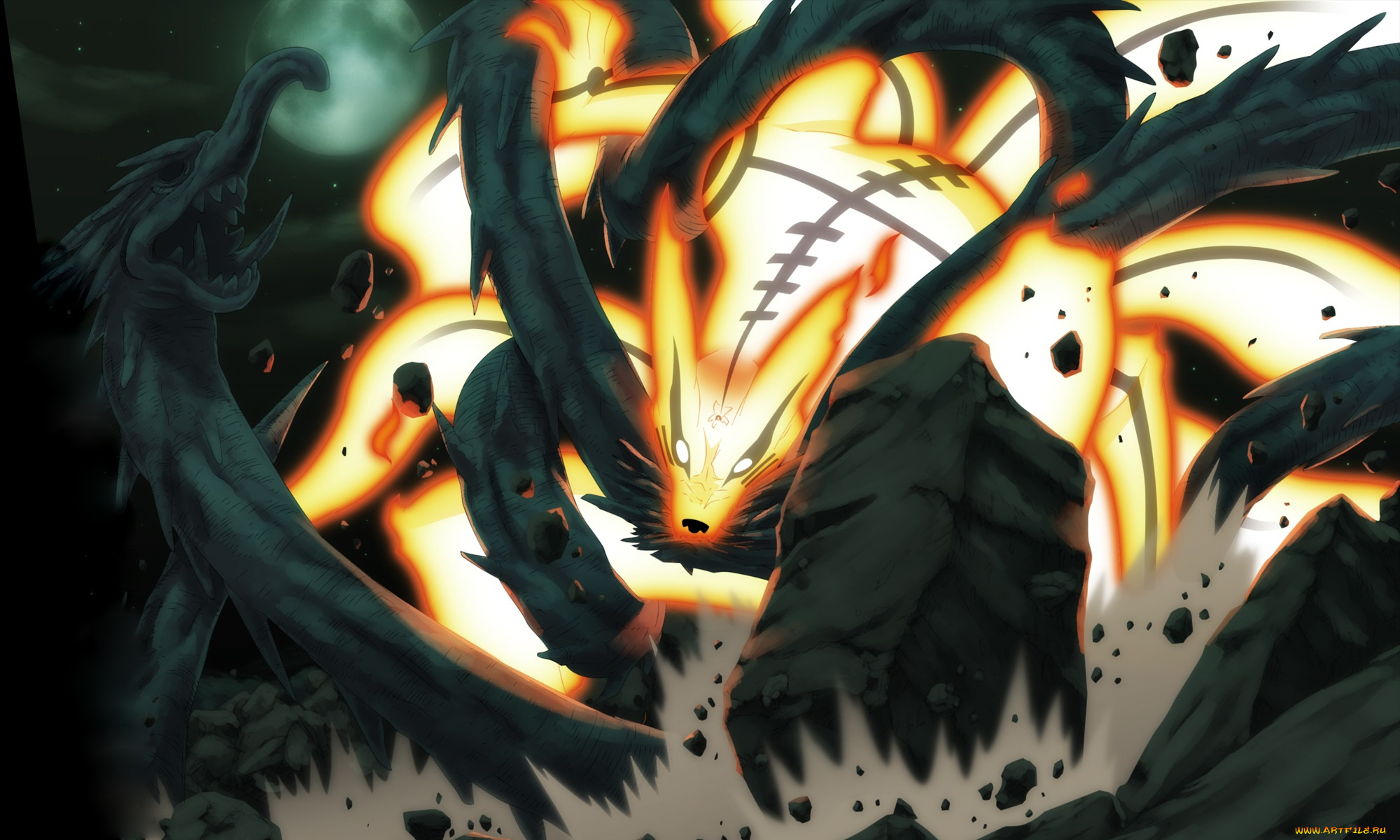 аниме, naruto, наруто, бой, курама, лис, чакра