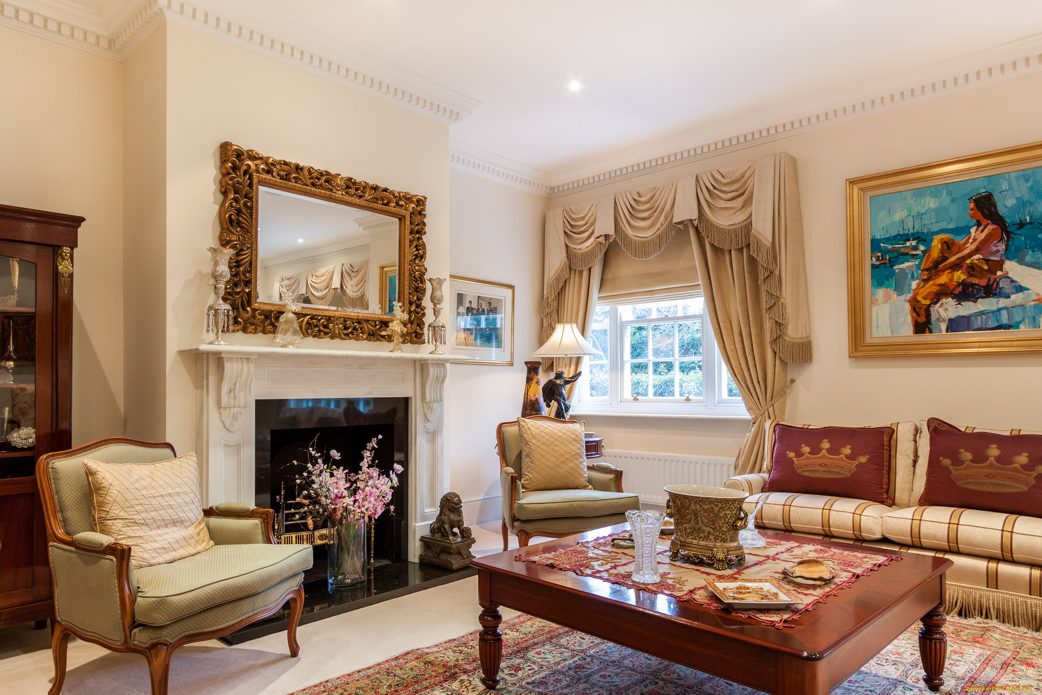 интерьер, гостиная, картины, камин