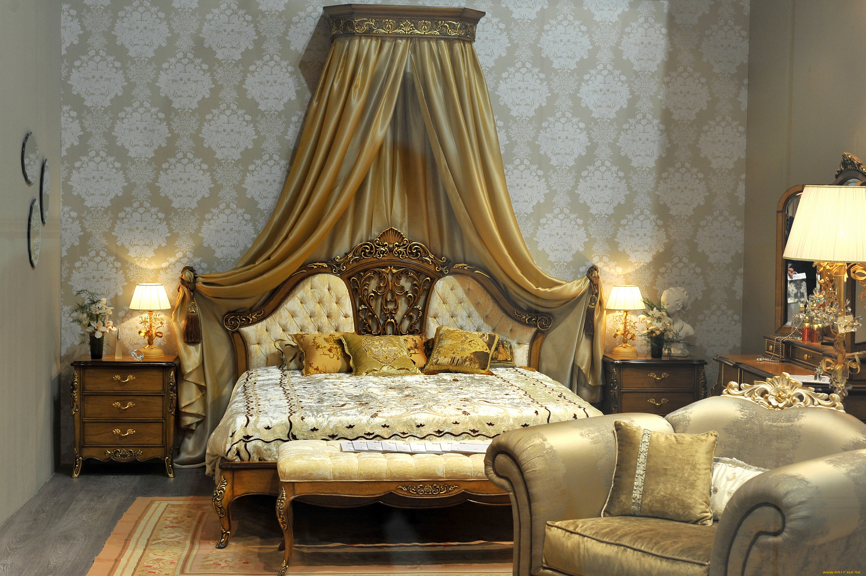 интерьер, спальня, лампа, постель, кровать