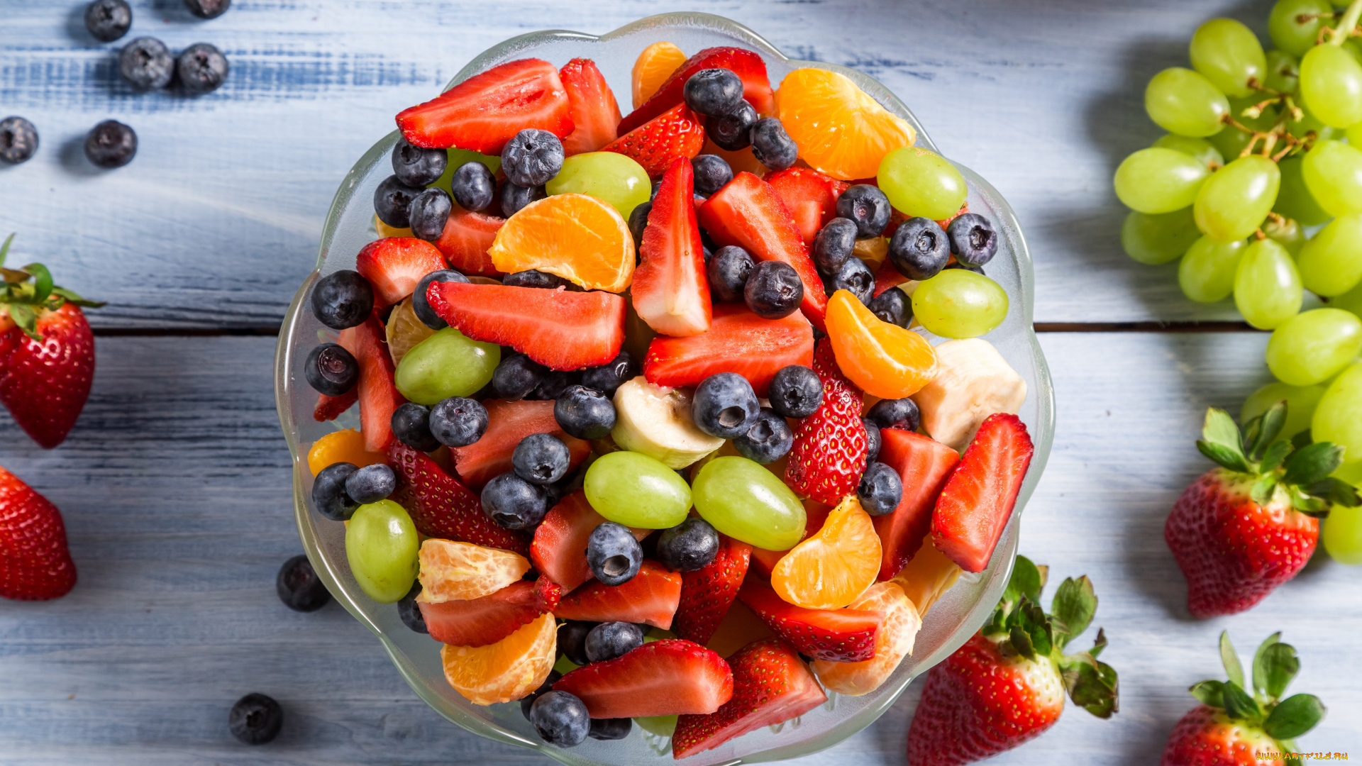 еда, фрукты, , ягоды, десерт, фруктовый, салат, клубника, мандарин, виноград, черника, strawberry, salad, fruit