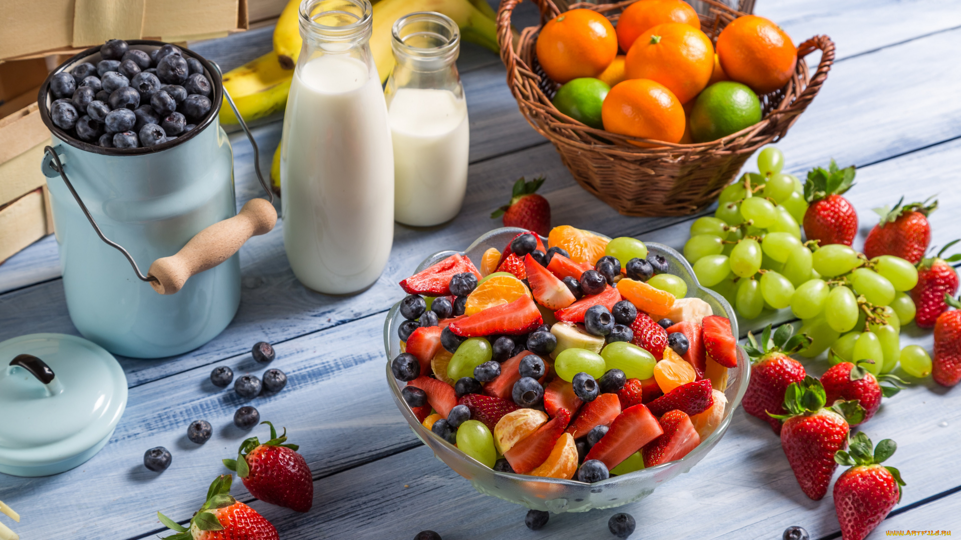 еда, фрукты, , ягоды, десерт, фруктовый, салат, клубника, мандарин, виноград, черника, strawberry, salad, fruit