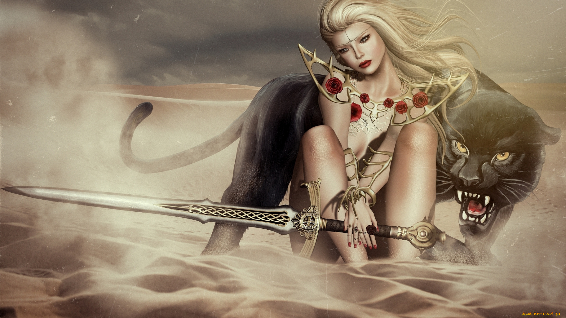 фэнтези, красавицы, и, чудовища, меч, воительница, девушка, пески, рык, пантера