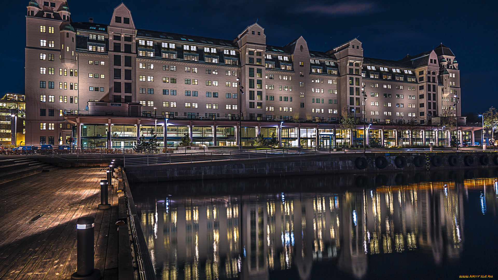 города, осло, , норвегия, осло, отражение, дома, гавань, огни, ночь