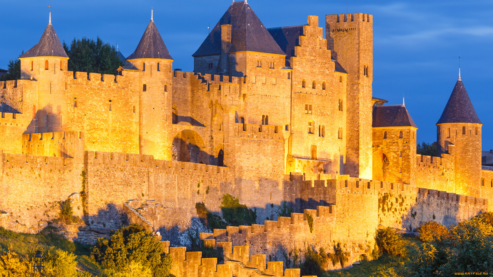 города, замки, франции, башня, небо, холм, замок, стена, крепость, франция, каркасон