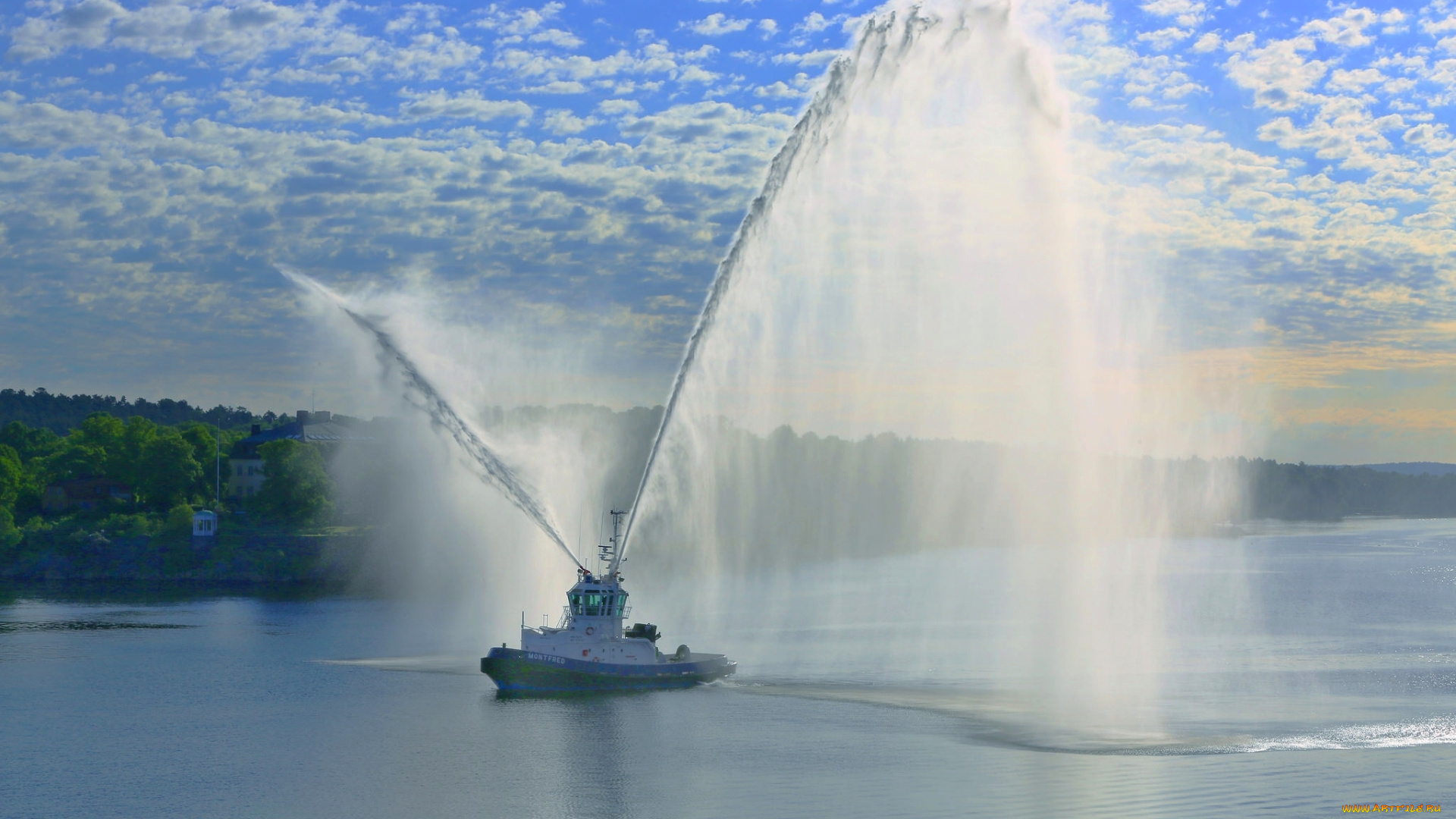 корабли, баркасы, , , буксиры, буксир, швеция, стокгольм, sweden, порт, фонтан, салют, водомёты, stockholm