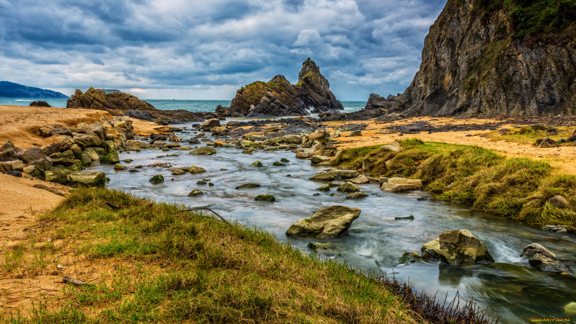 природа, побережье, река, скалы, океан