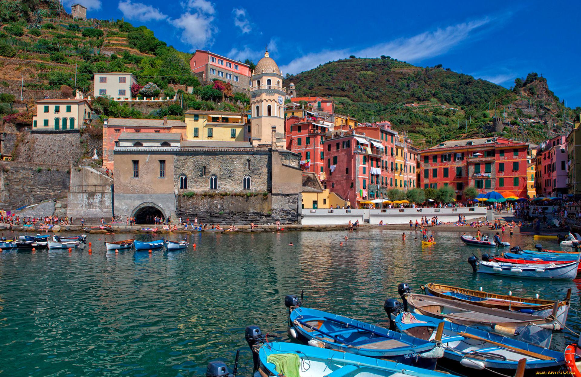 корабли, порты, , , причалы, италия, лодки, вернацца, башня, горы, дома, Чинкве-терре, лигурийское, побережье, море, бухта