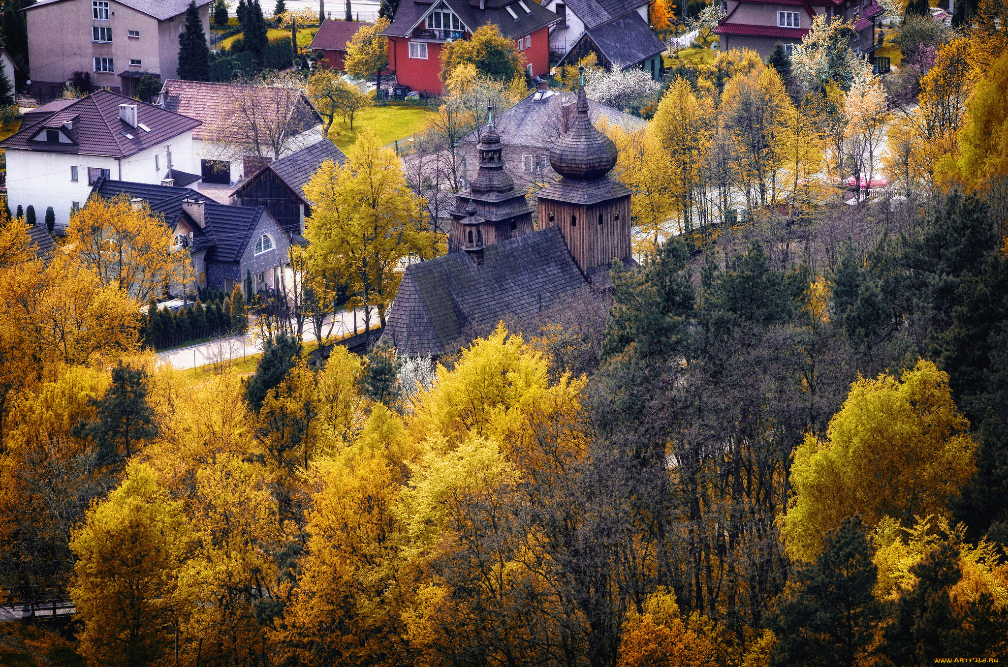 города, -, пейзажи, польша, осень, деревья, дома, город