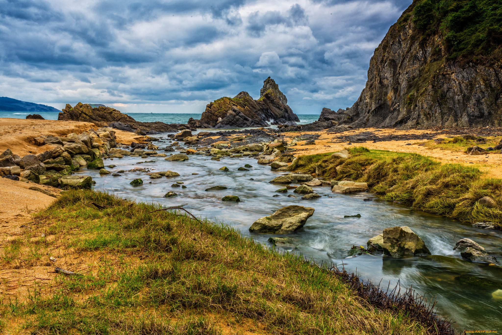 природа, побережье, река, скалы, океан