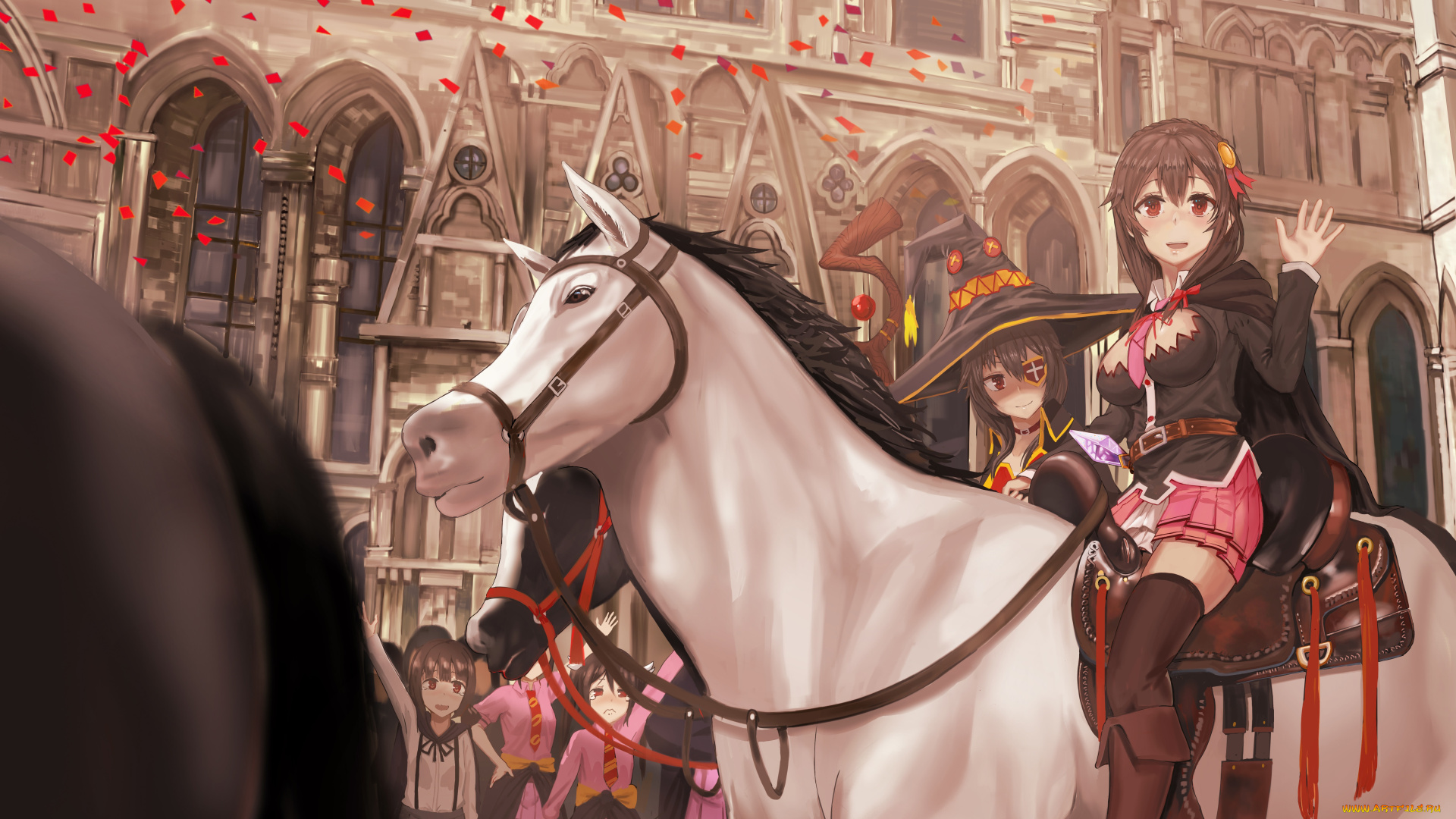 аниме, kono, subarashii, sekai, ni, shukufuku, wo, лошадь, девушки