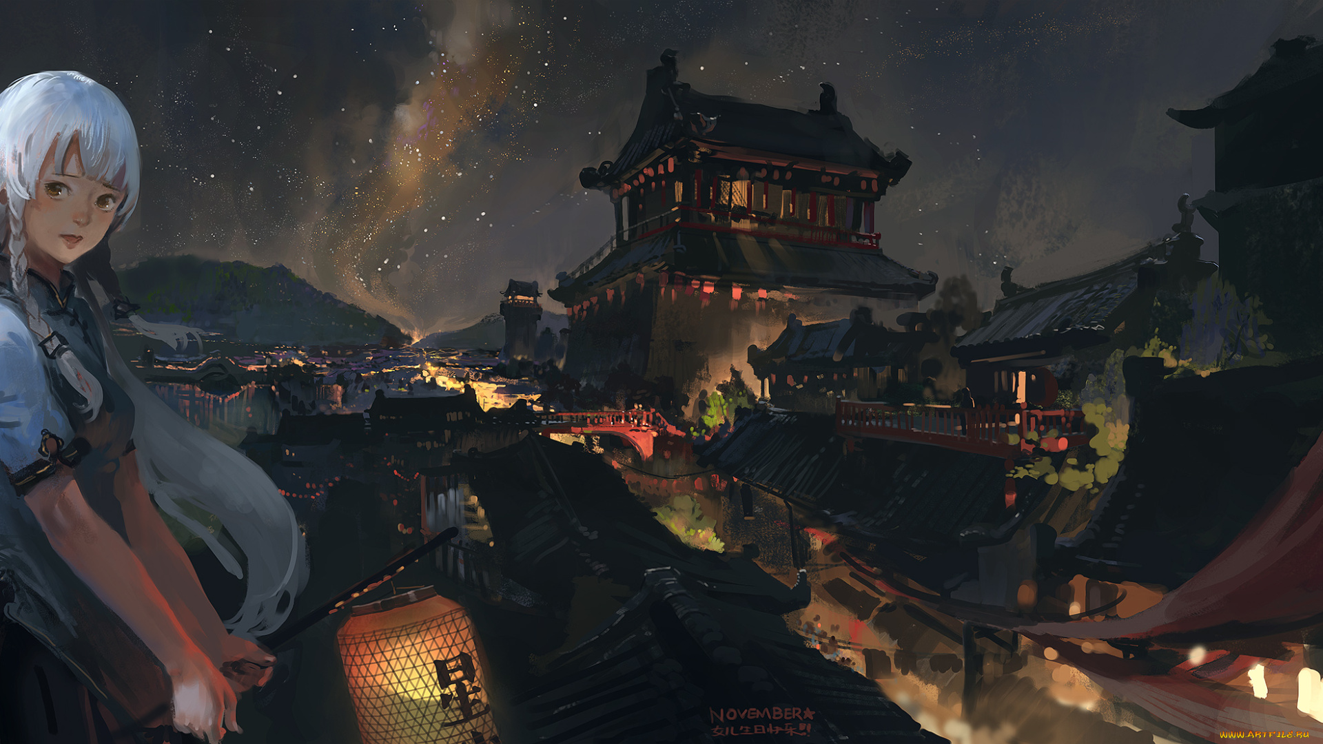 аниме, vocaloid, девушка, город, ночь