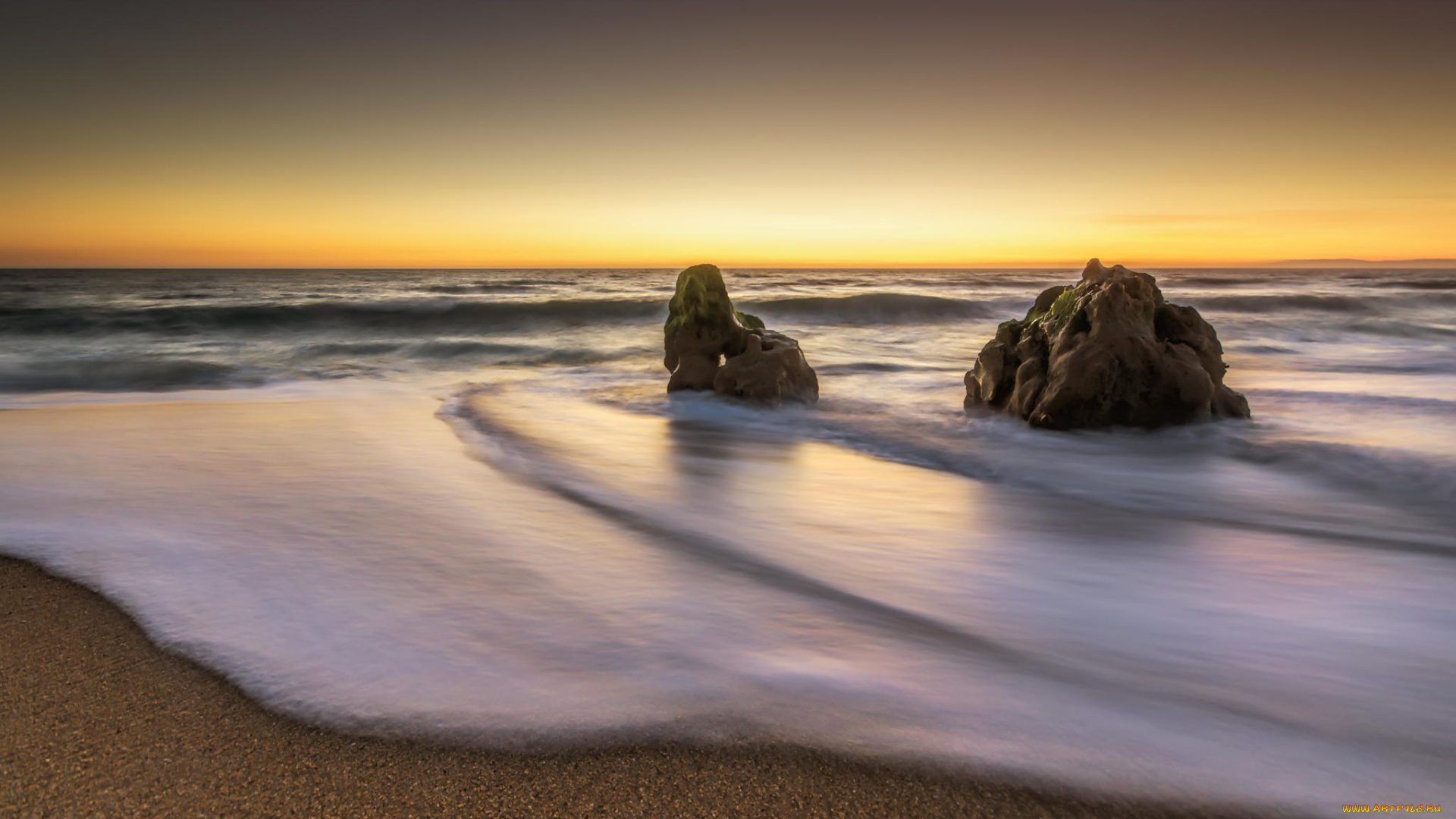 природа, побережье, пляж, рассвет, скалы, песок