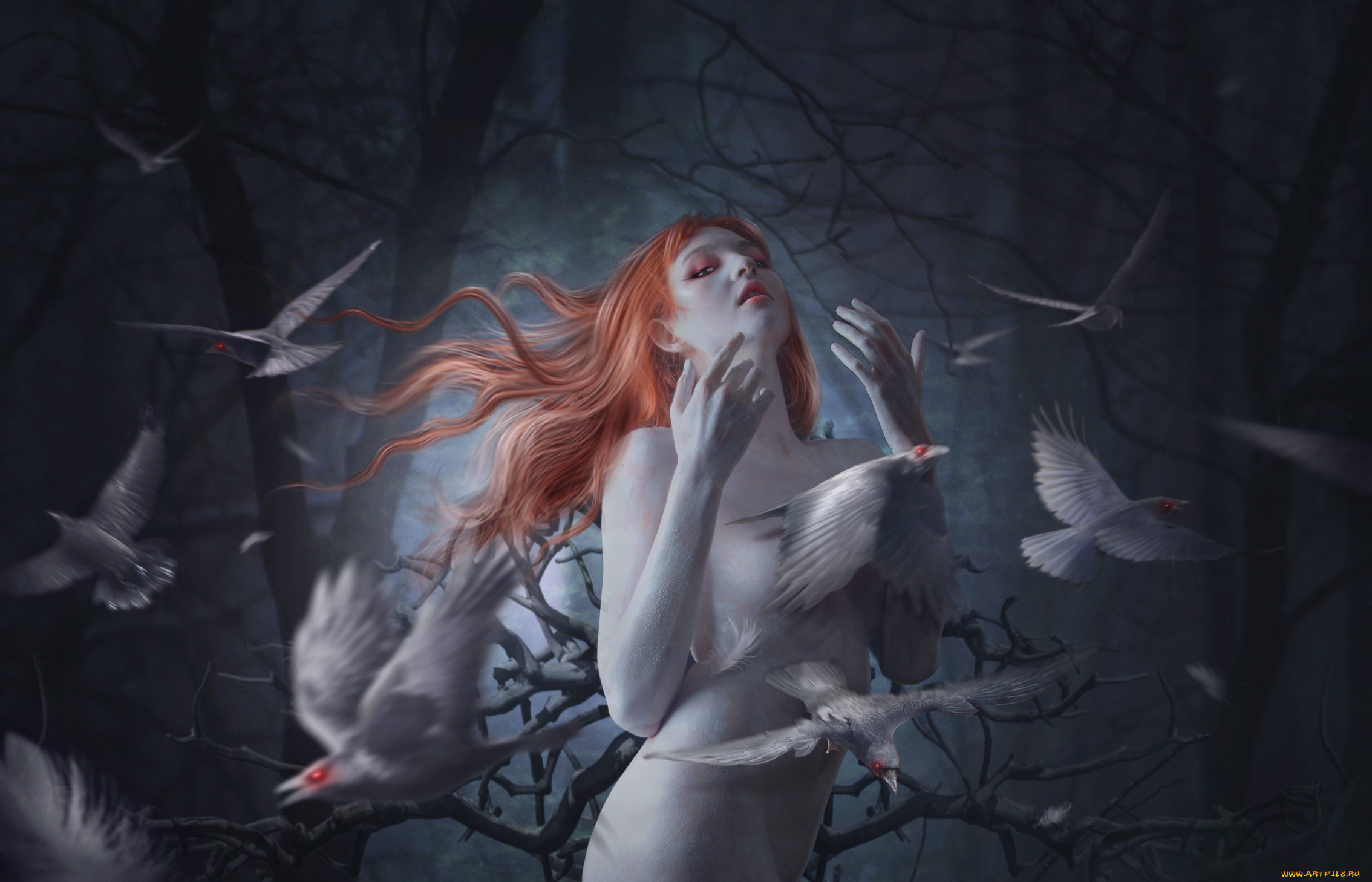 фэнтези, фотоарт, готика, девушка, вороны