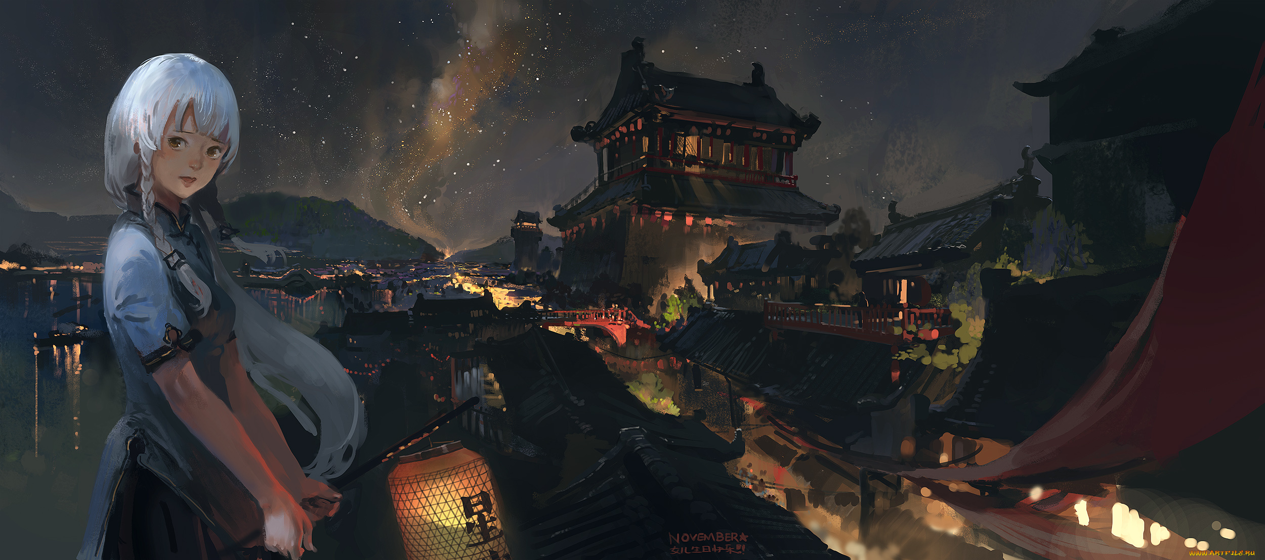 аниме, vocaloid, девушка, город, ночь