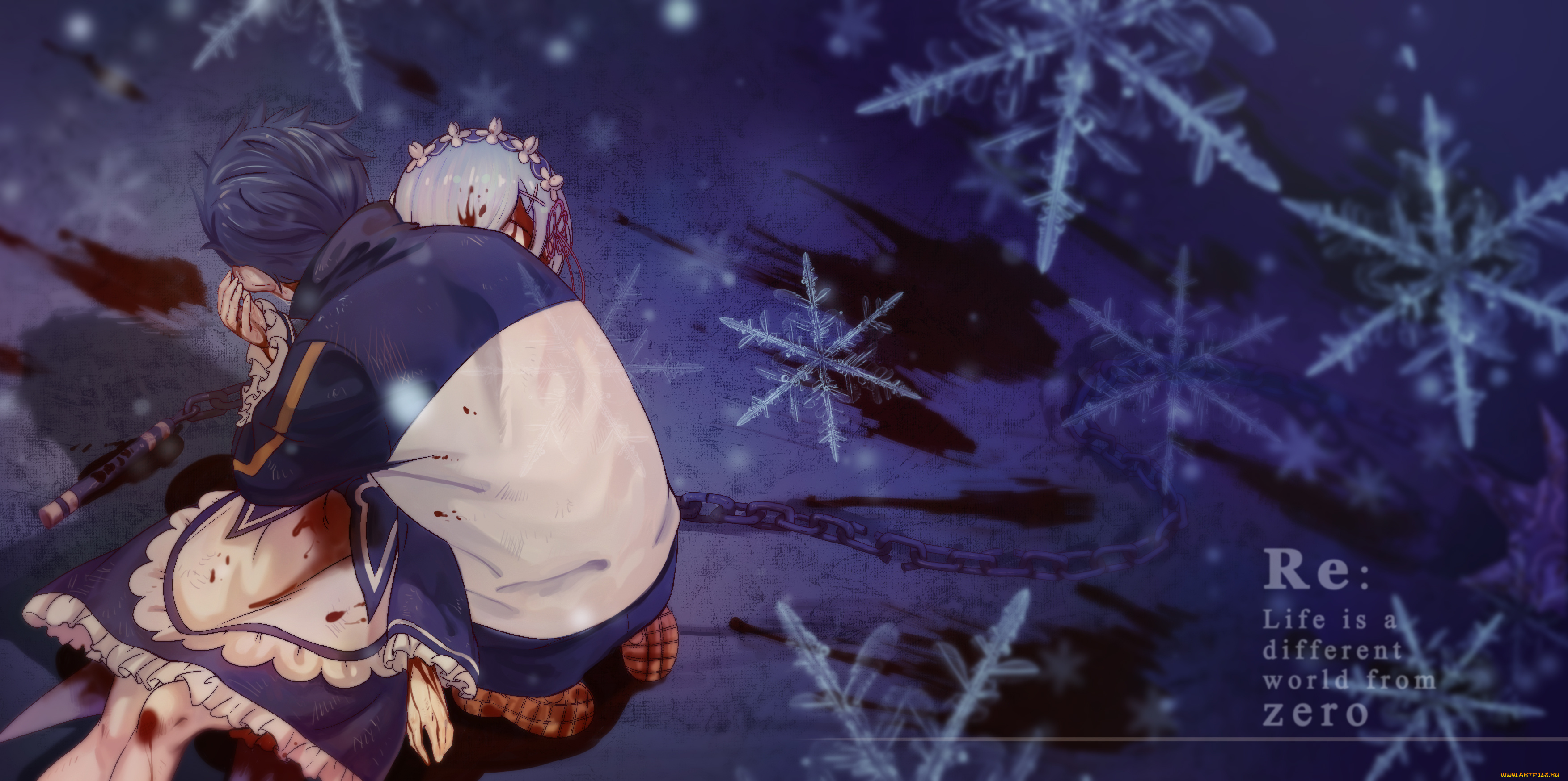 аниме, re, , zero, kara, hajimeru, isekai, seikatsu, субару, снежинки, драма, кровь, рем