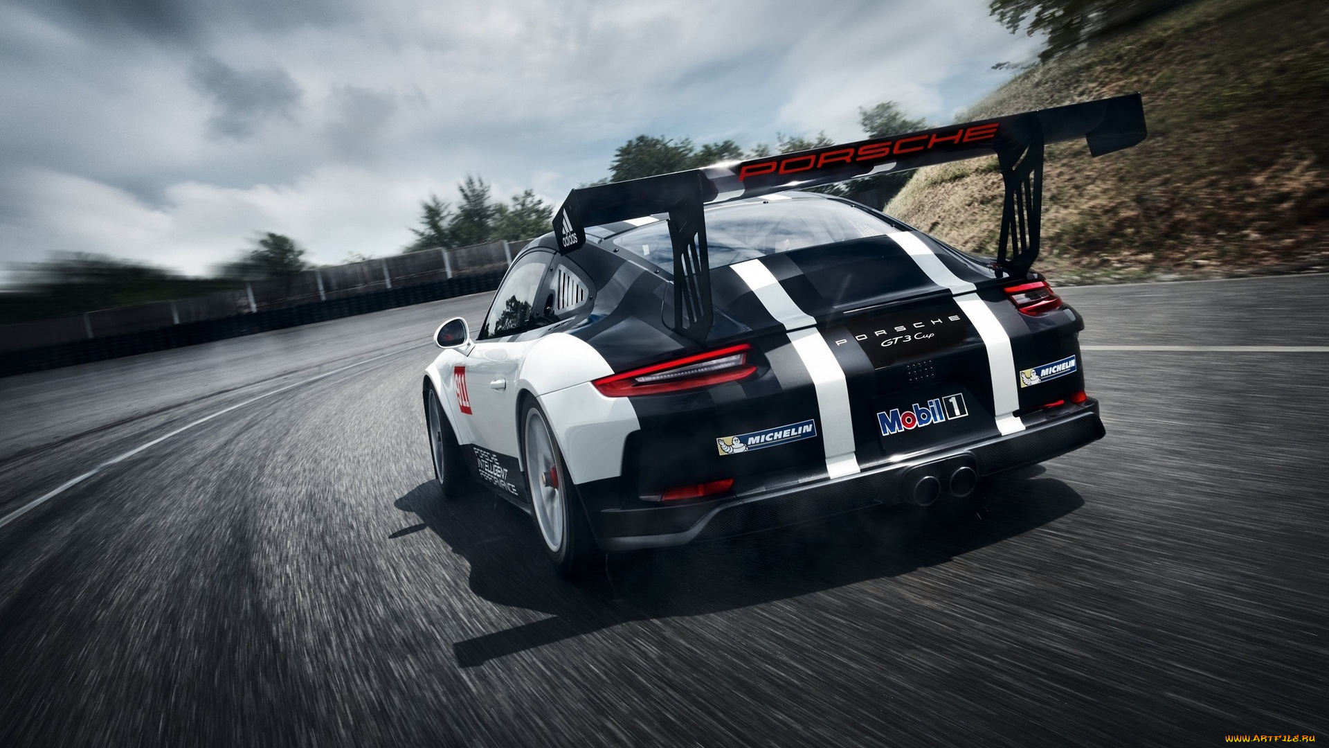 автомобили, porsche, трасса, 911, gt3, скорость, черно-белый, поворот, антикрыло, порше, шоссе, дорога