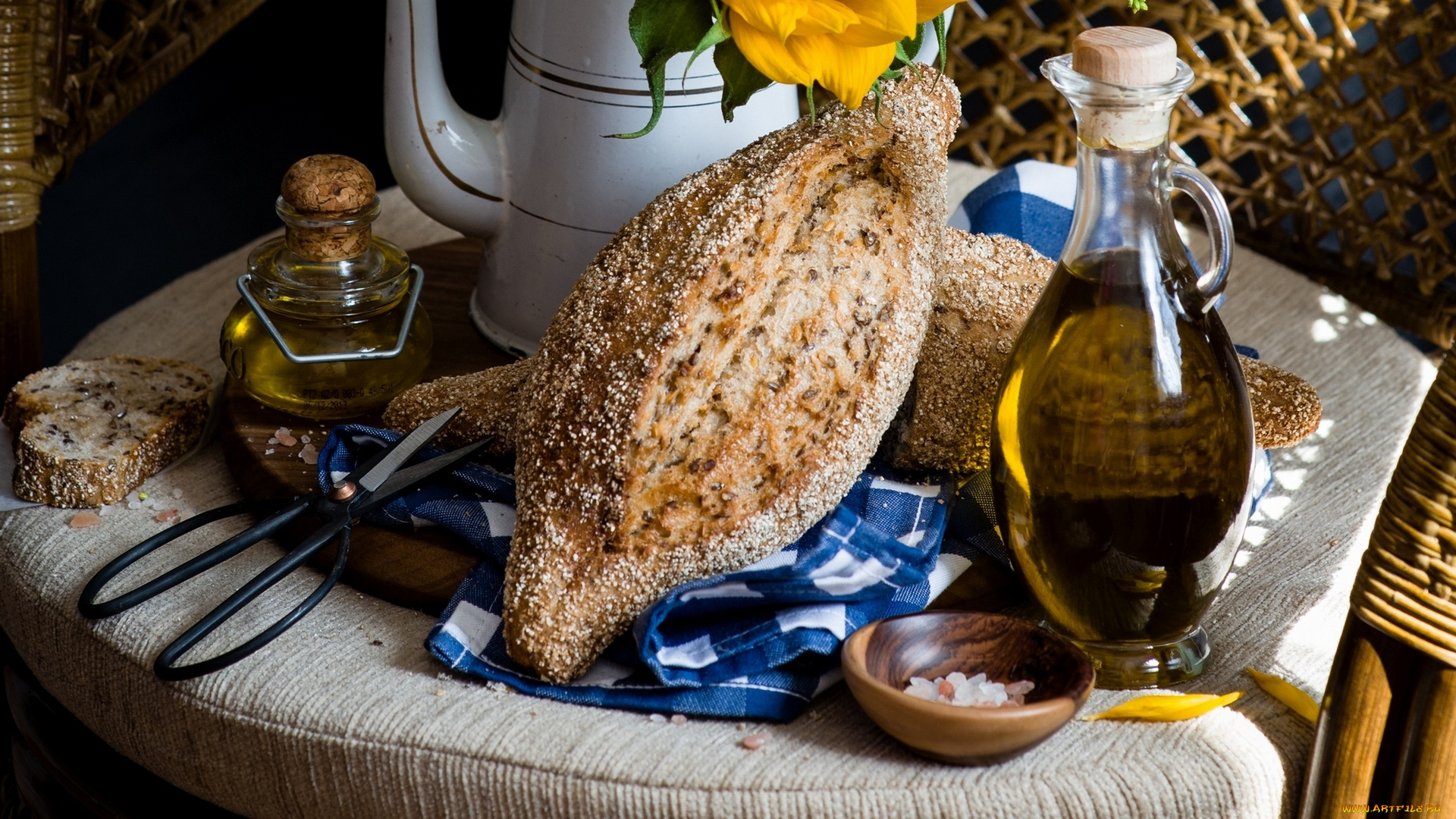 еда, хлеб, , выпечка, масло, натюрморт, ножницы, соль, салфетка