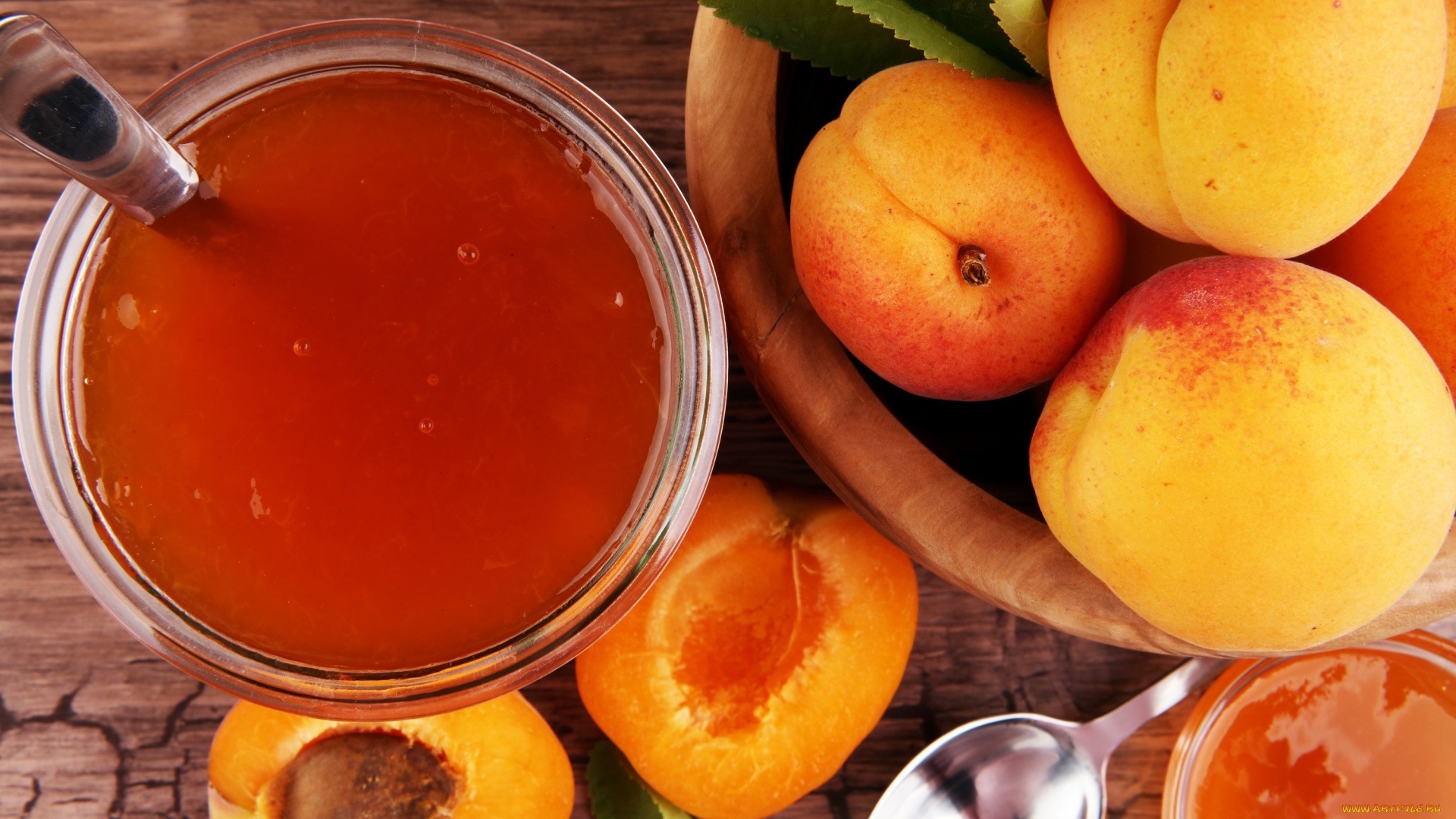 еда, мёд, , варенье, , повидло, , джем, ложка, абрикос, листики, фон, абрикосовый, джем