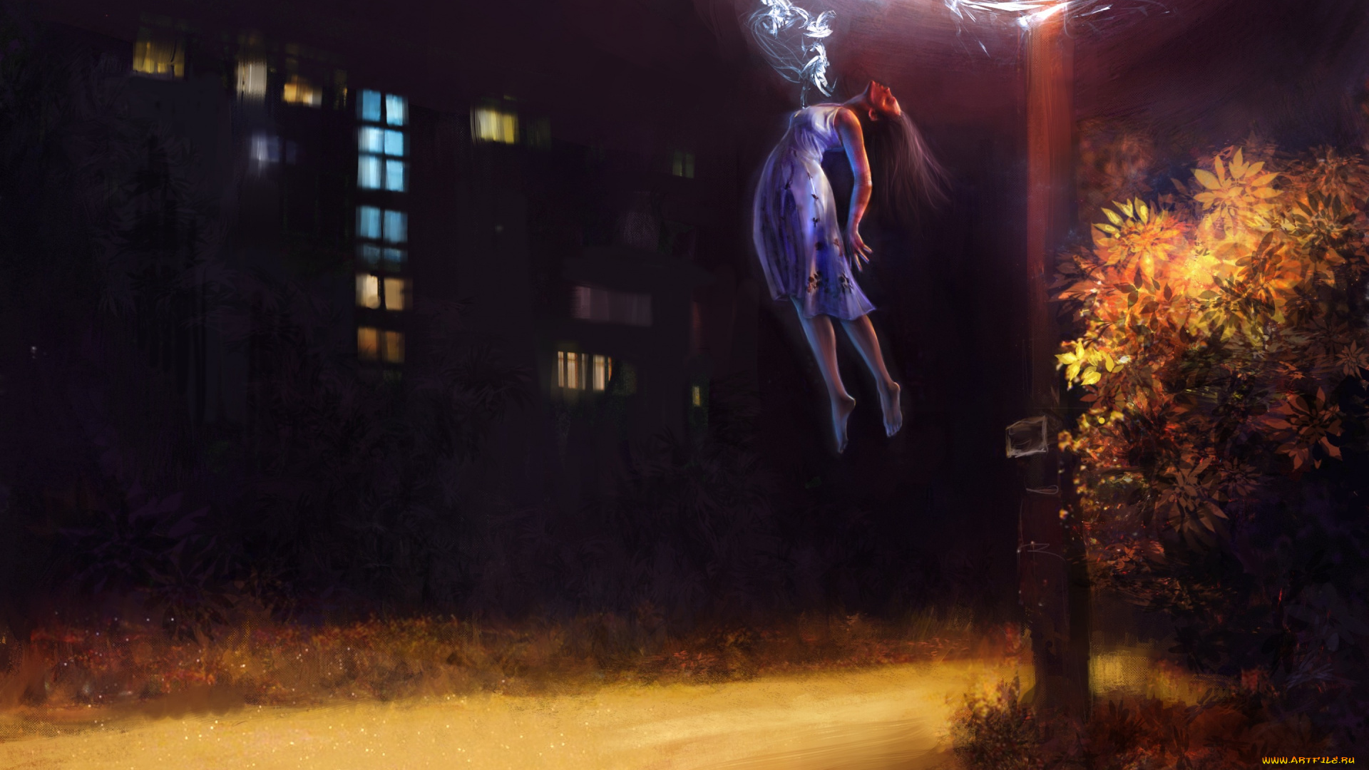 фэнтези, магия, парит, дома, дым, улица, ночь, девушка, by, lusiusmalfoy
