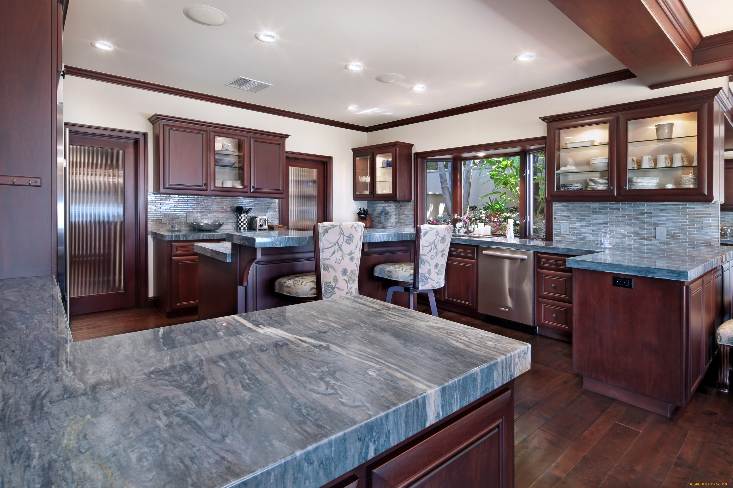 интерьер, кухня, стиль, цветы, люстры