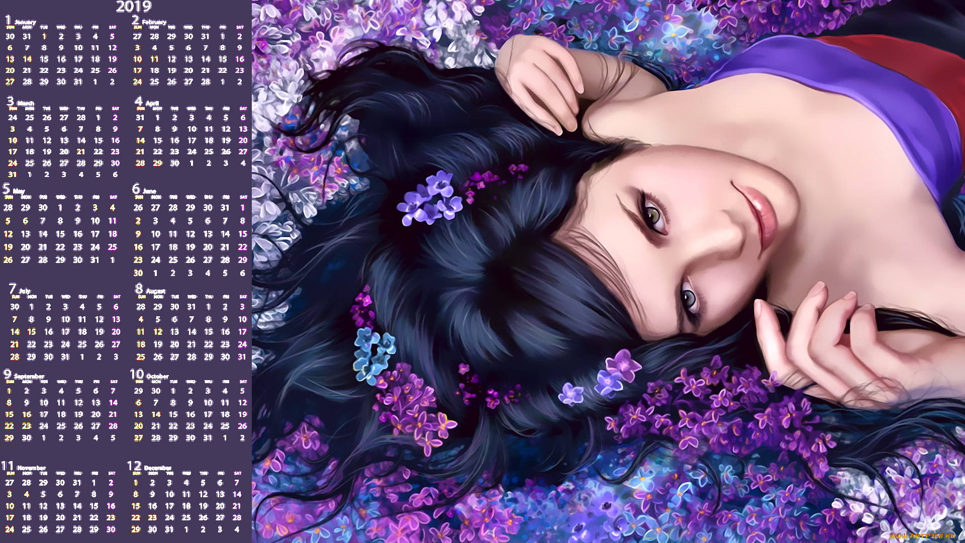 календари, рисованные, , векторная, графика, calendar, женщина, цветы, девушка, взгляд, лицо, 2019