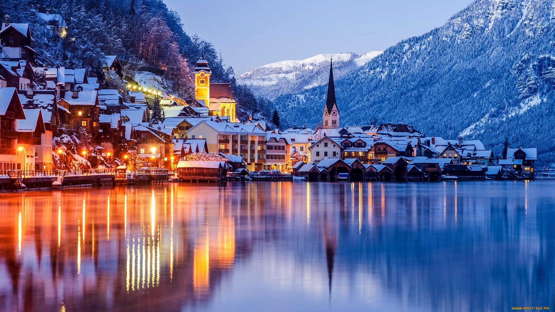 города, гальштат, , австрия, горы, озеро, зима, вечер, огни