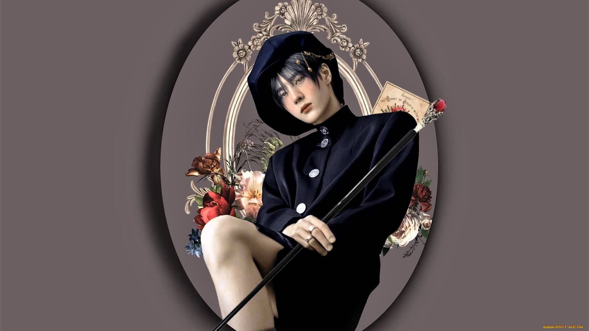 рисованное, люди, ван, ибо, берет, трость, цветы