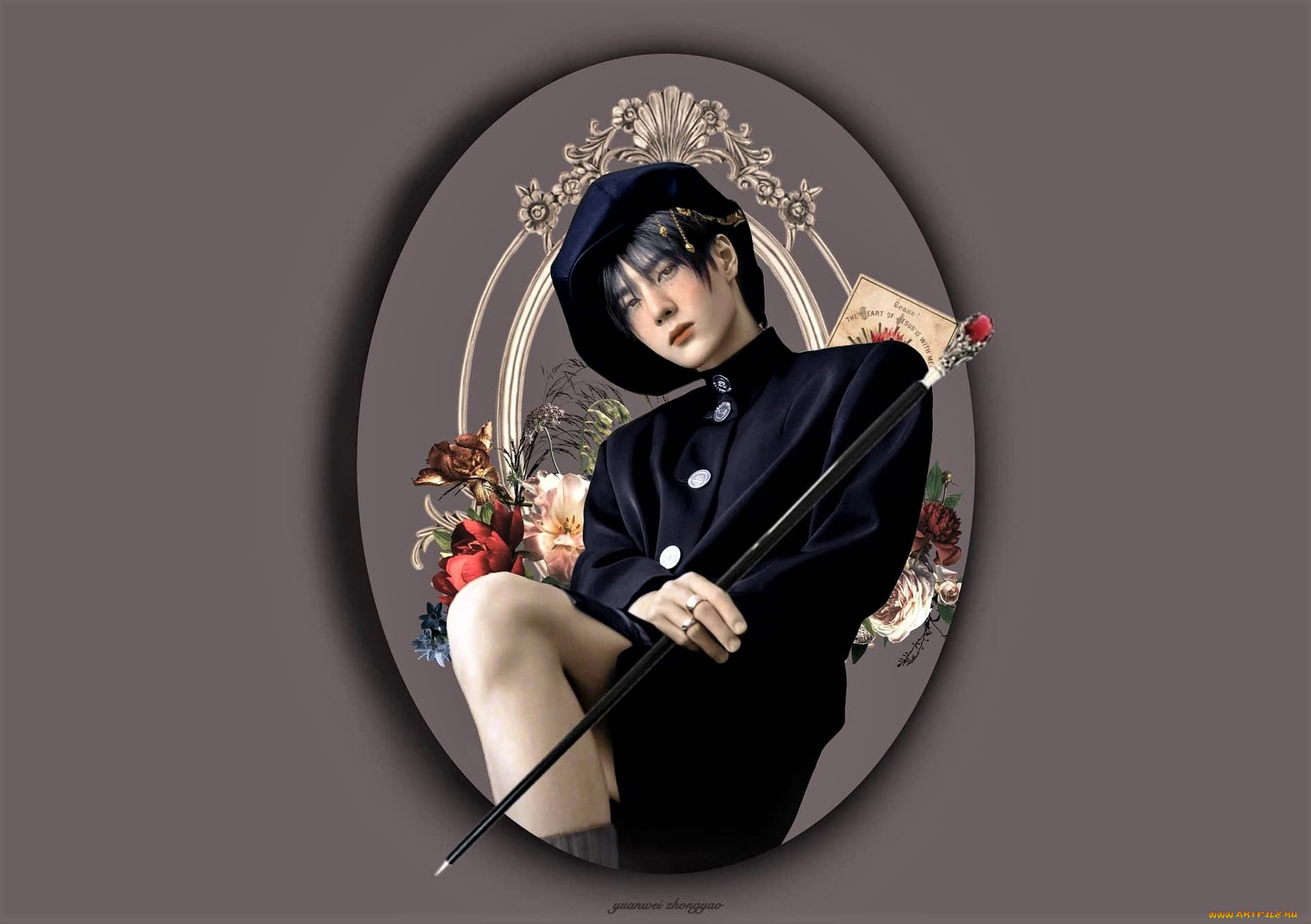 рисованное, люди, ван, ибо, берет, трость, цветы