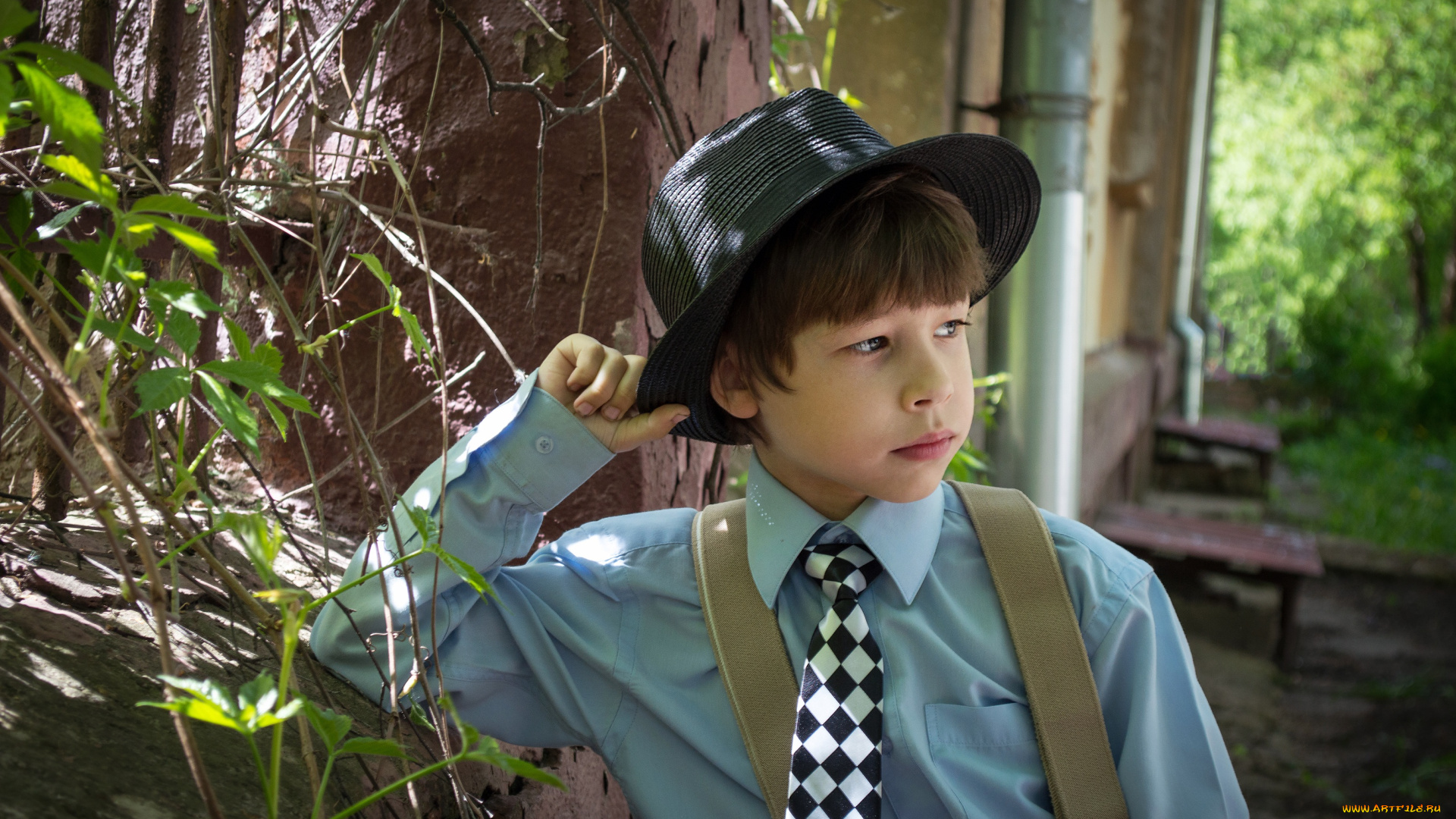 разное, дети, мальчик, рубашка, шляпа, галстук, стена