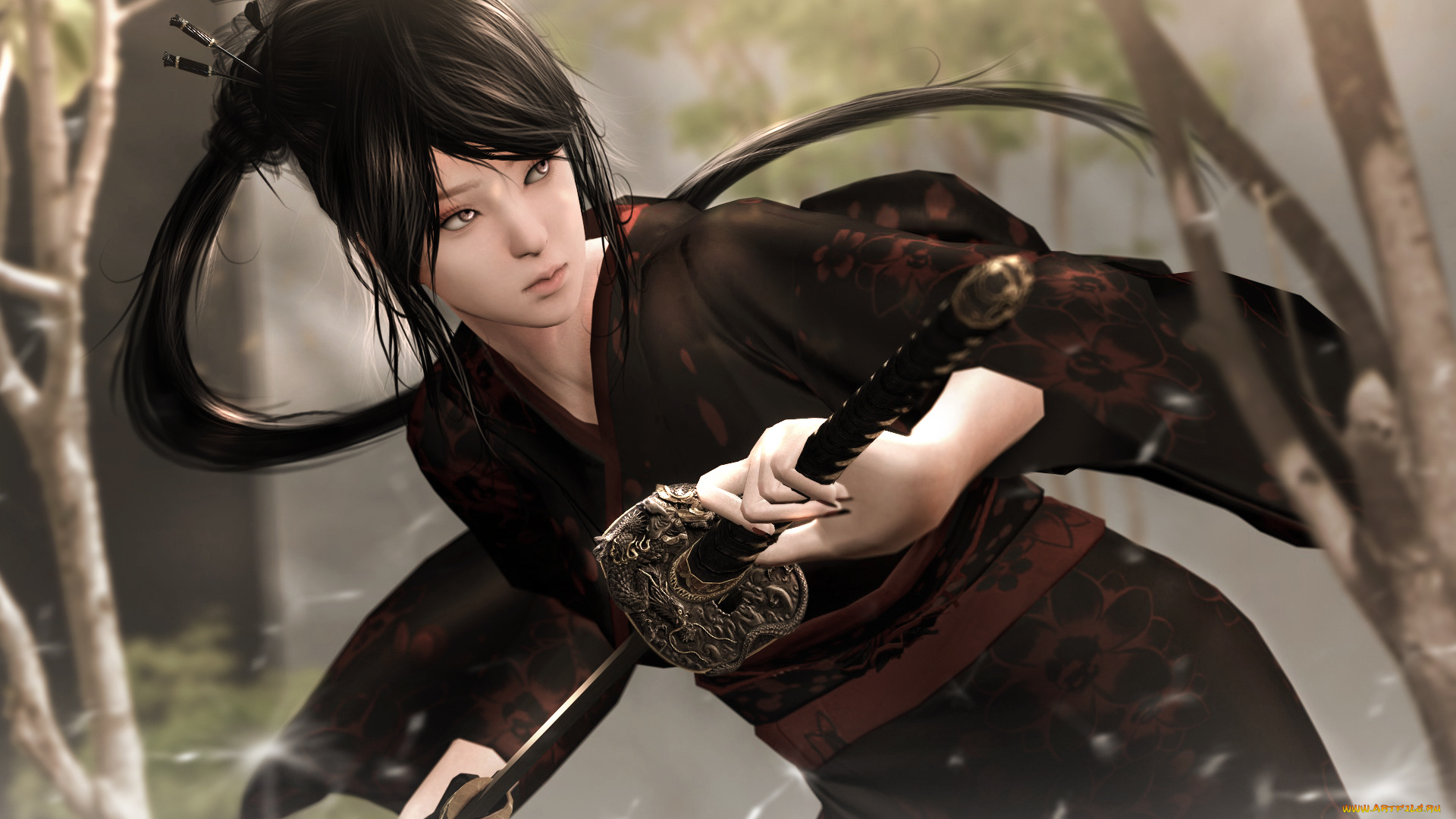 3д, графика, люди, , people, девушка, фон, японка, кимоно, катана