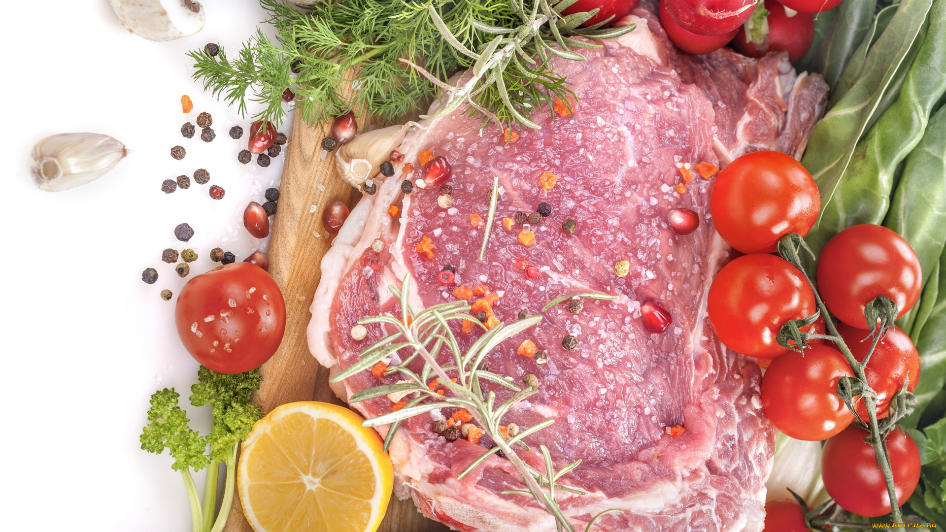 еда, мясные, блюда, грибы, чеснок, помидоры, стейк, свинина