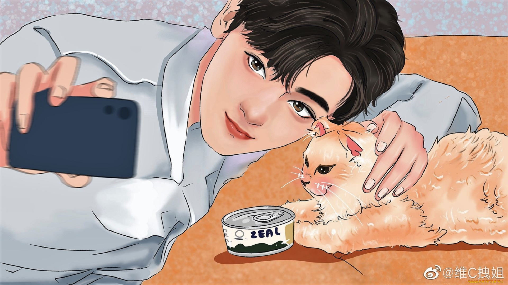 рисованное, люди, сяо, чжань, кошка, телефон, банка