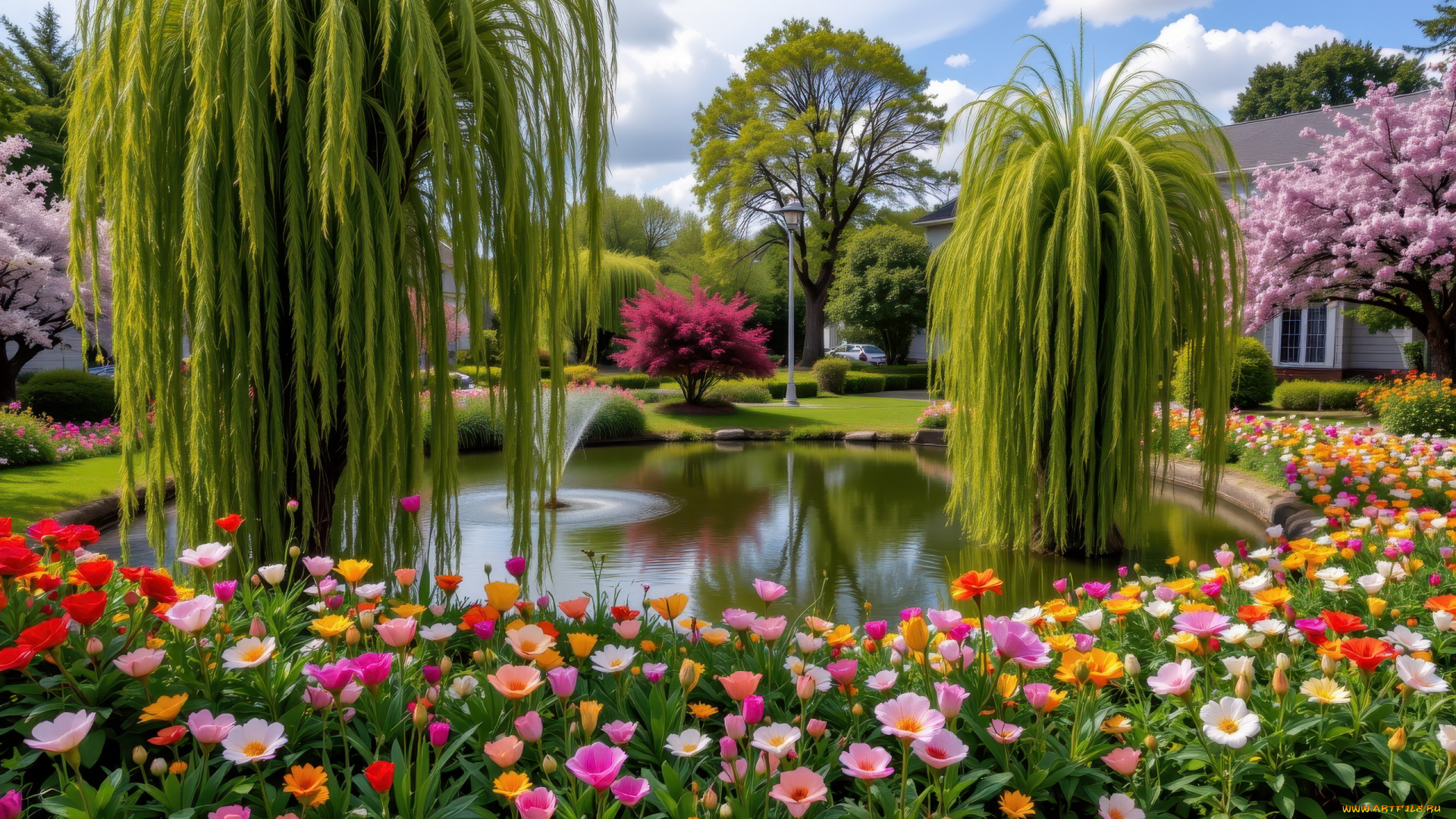 3д, графика, реализм, , realism, водоем, фонтан, деревья, цветы, дома