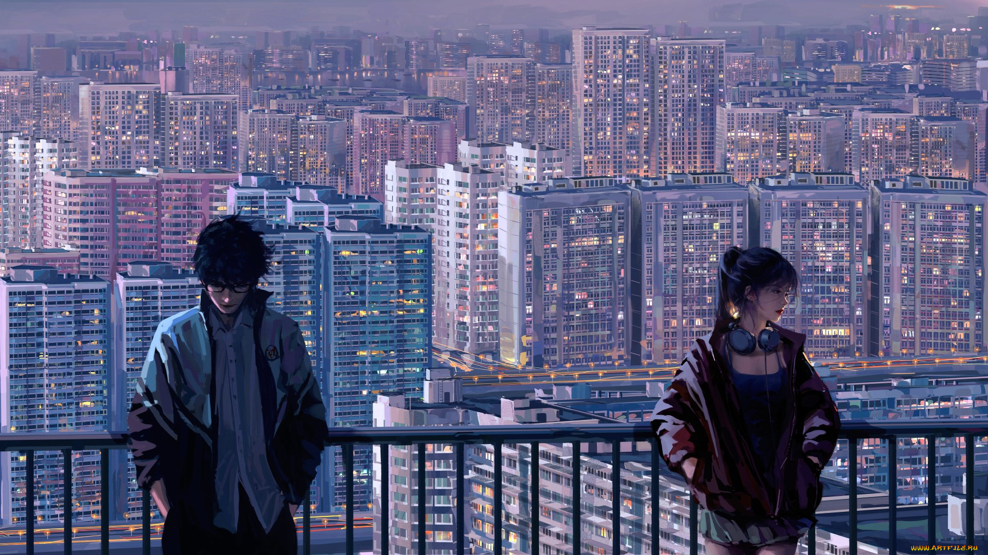 аниме, город, , улицы, , интерьер, , здания, парень, девушка, очки, куртка, наушники, панорама